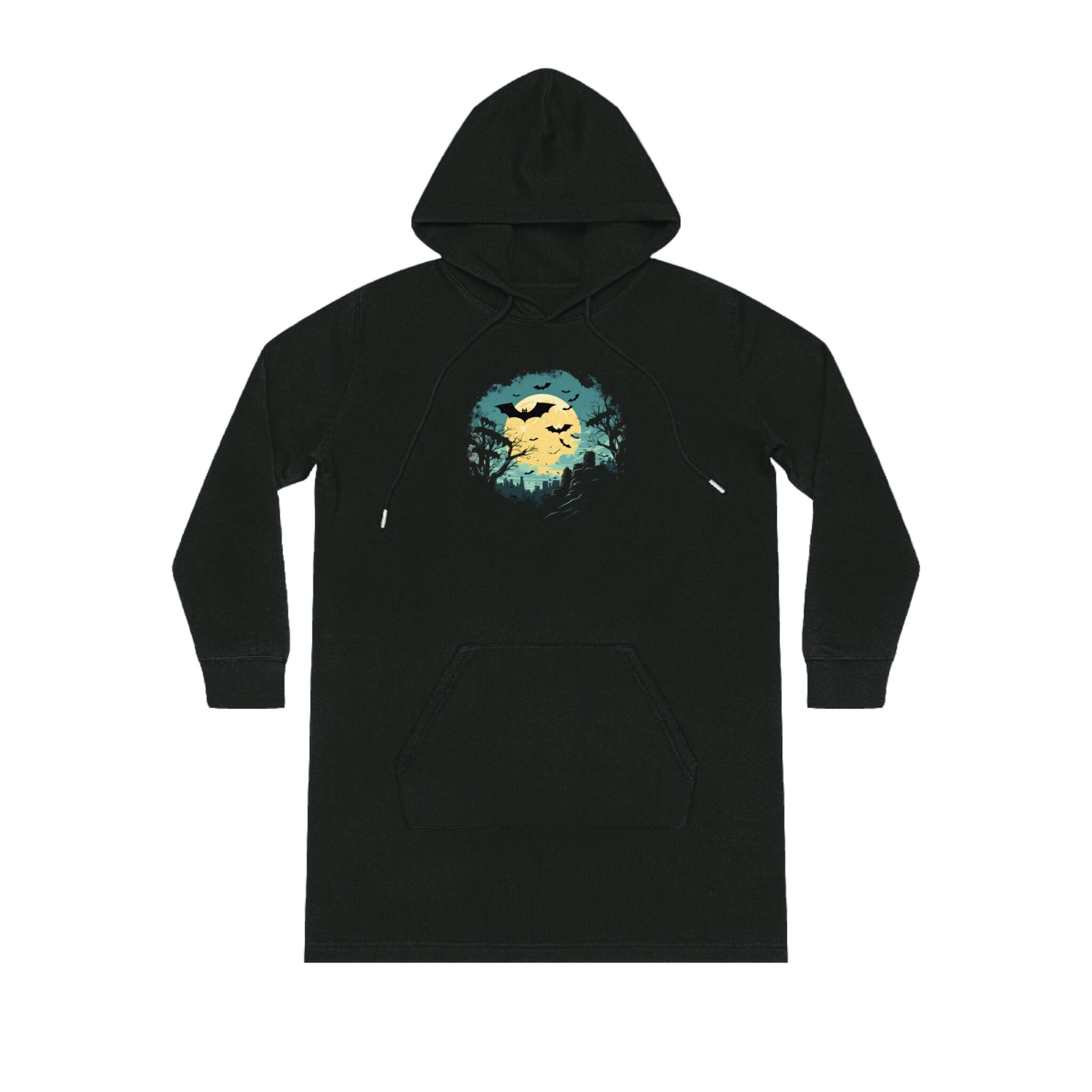 Flying Bats Yellow Moon Happy Halloween Clothing Trick Or Treat Spooky Halloween Costume Trick Or Treat Comfy Black Streeter Hoodie Dress