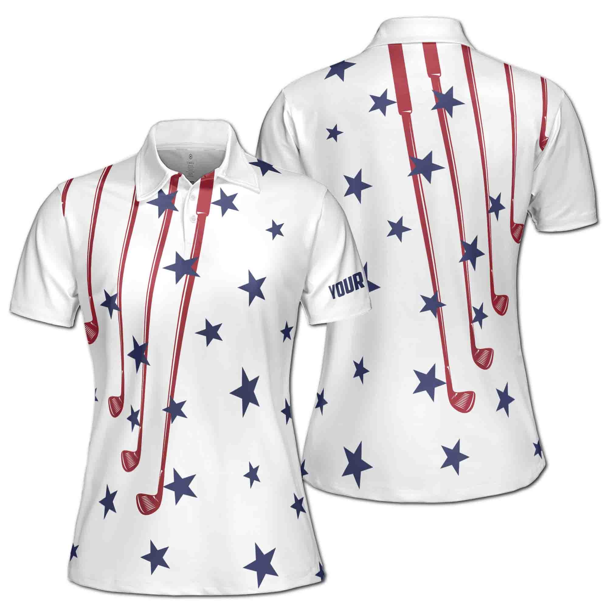 Custom Name White Golf American Flag 4th July Women's Polo Shirt