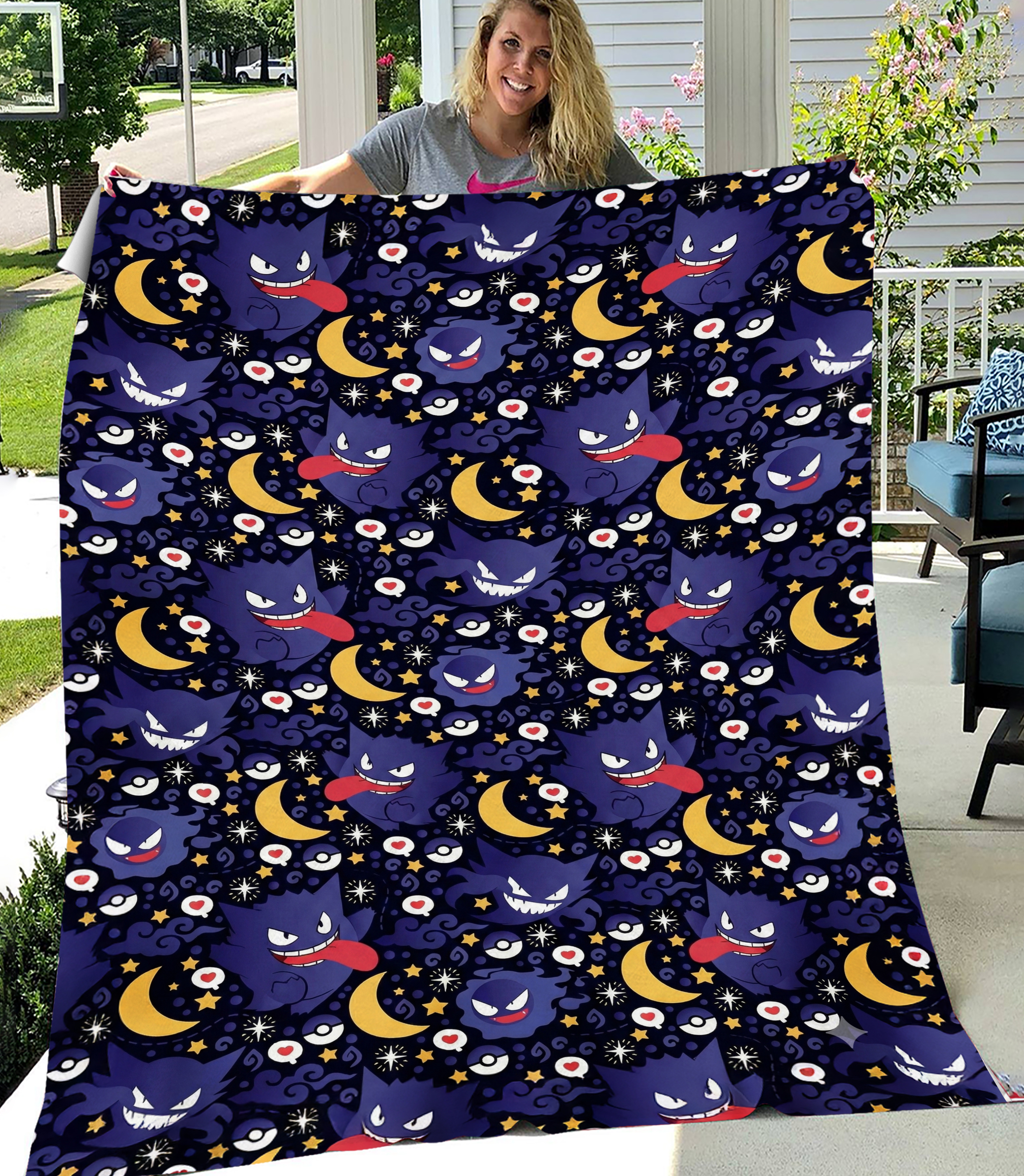 Gengar Fleece Blanket, Cute Purple Moon Fleece Blanket