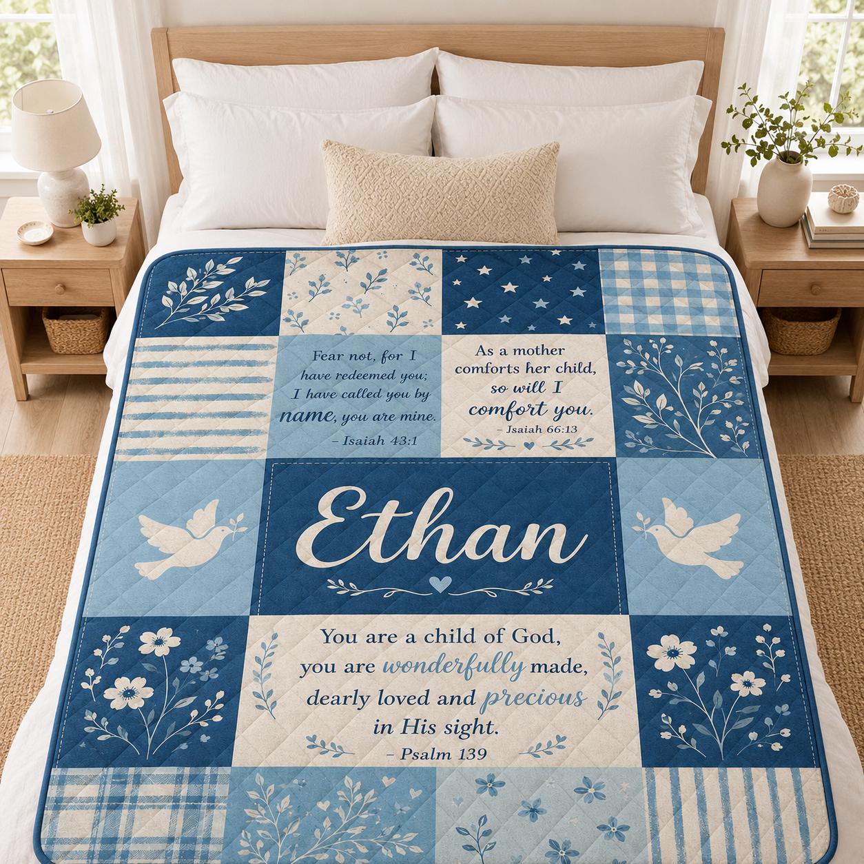 Personalized Baby Quilt Blanket, Custom Name Religious Nursery Throw, Blue Patchwork Baptism Christening Gift