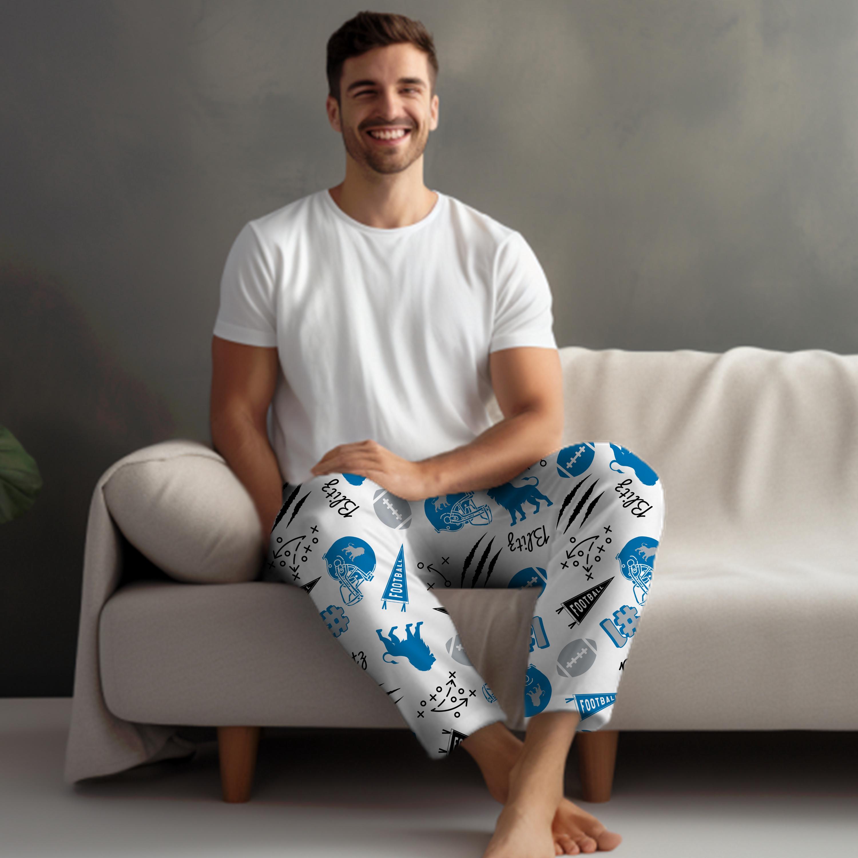 Detroit Football Mens Lounge PJ Pants, Lion Football Lovers Gift, Gift for Him, Silver and Blue Football Lounge Pants, Lions PJ Pants Gift