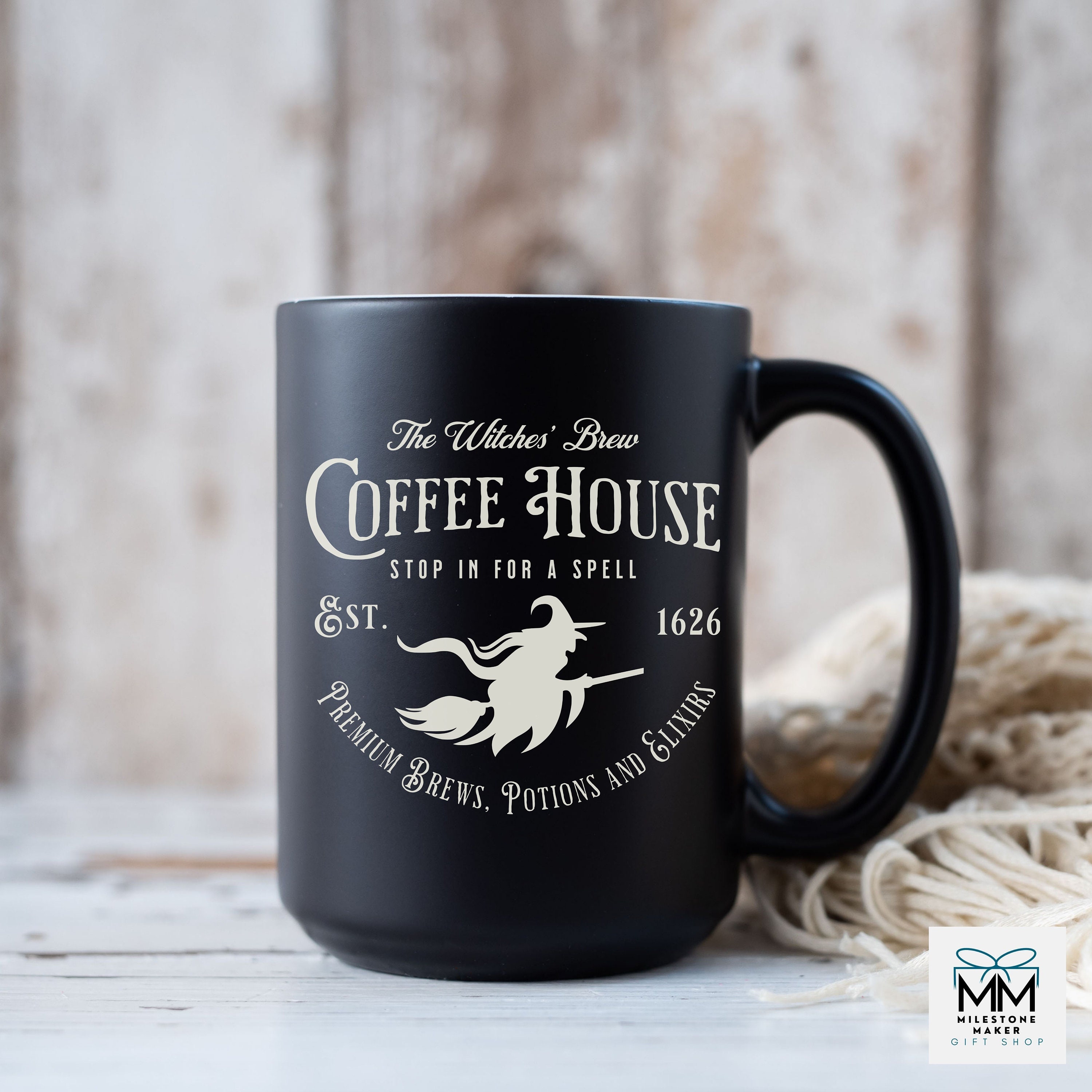 Black Halloween Witchy Mug, Witches Brew Coffee House Mug, Coffee Lovers Halloween Decor, Spooky Fall Coffee Mug Gift, Halloween Lover Gift