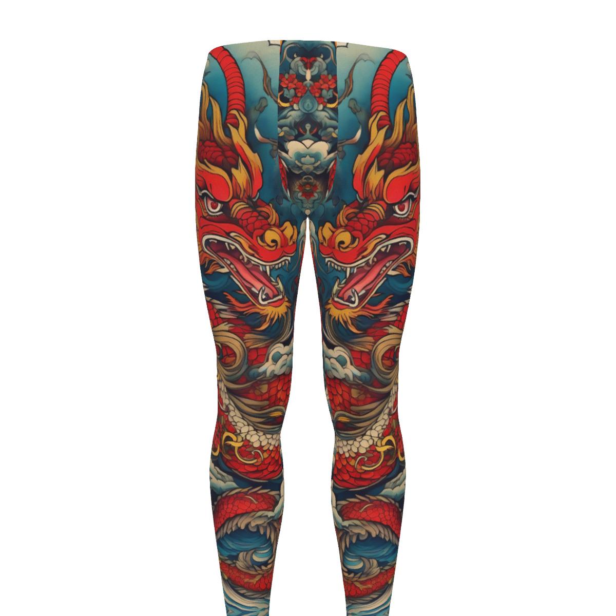 Men's Red Asian Dragon Leggings for Martial Arts and Fitness Workout