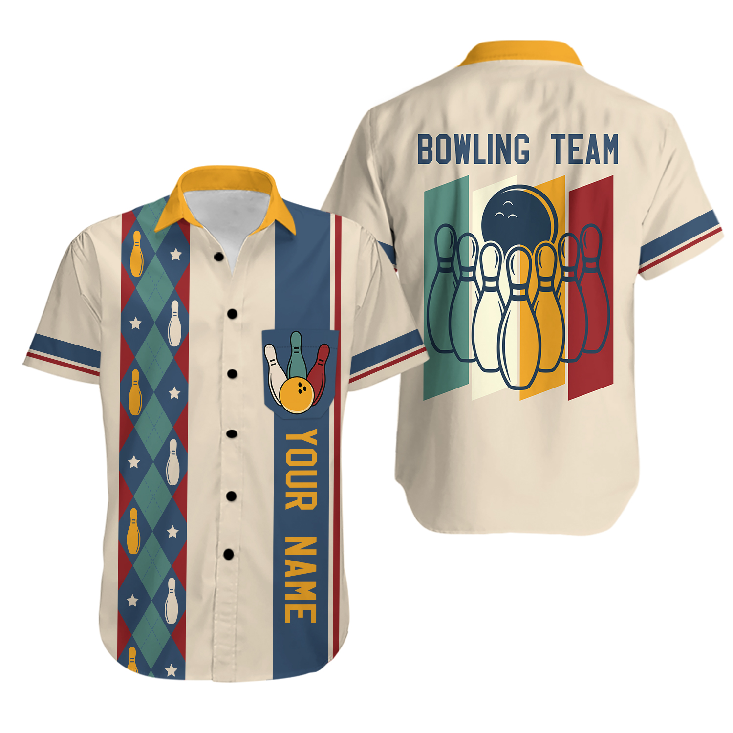 Personalized Retro Bowling Hawaiian Pocket Shirt for Men Women, Custom Name Bowling Shirt, Bowling Pocket Shirt, Vintage Bowling Team Name