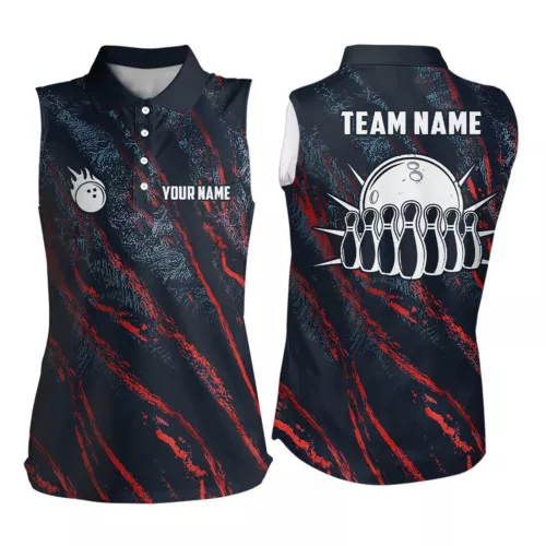 Blue Red Camo Bowling Ball And Pins Custom Team Women Sleeveless Polo