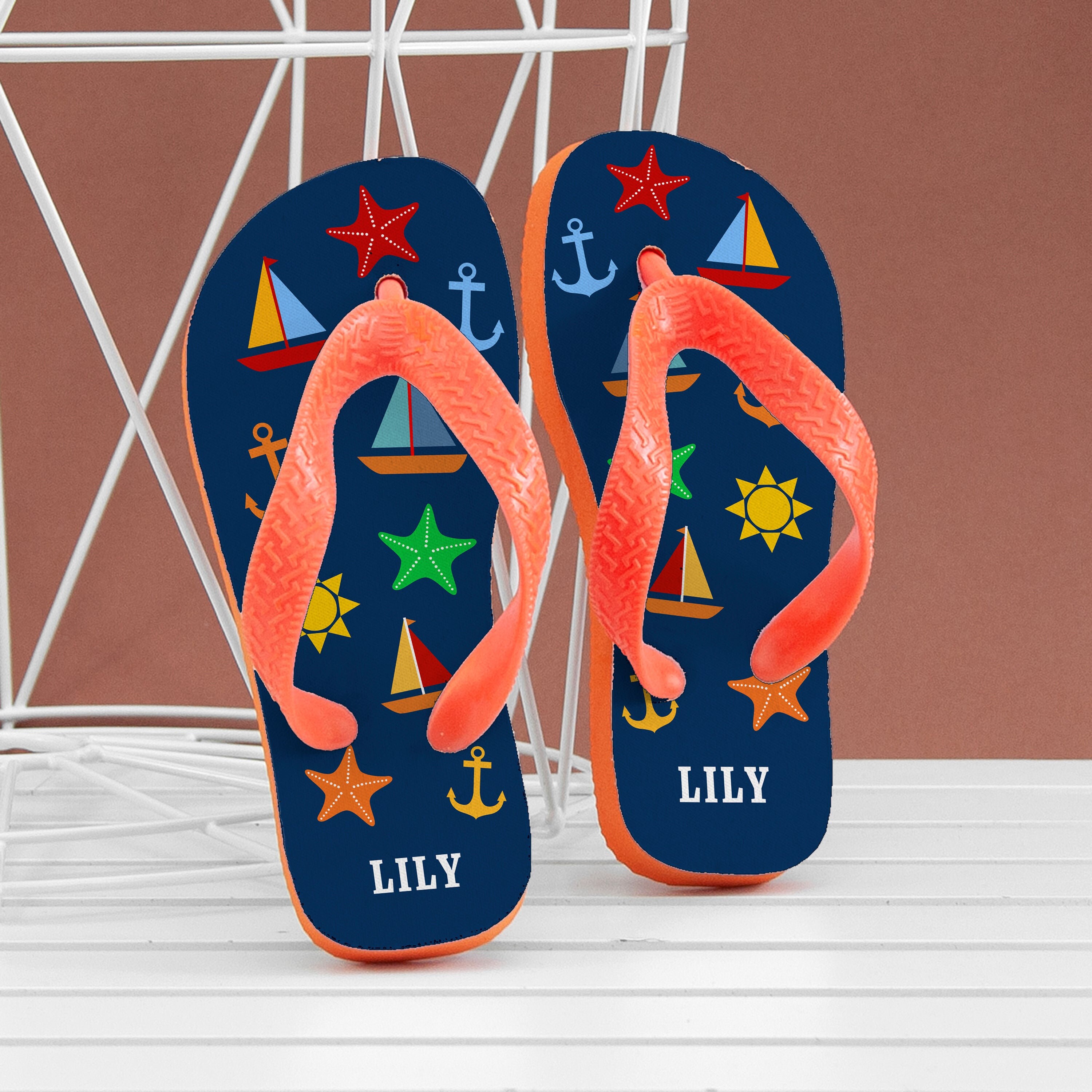 Personalised Kid's Fun At The Beach Flip Flops In Navy