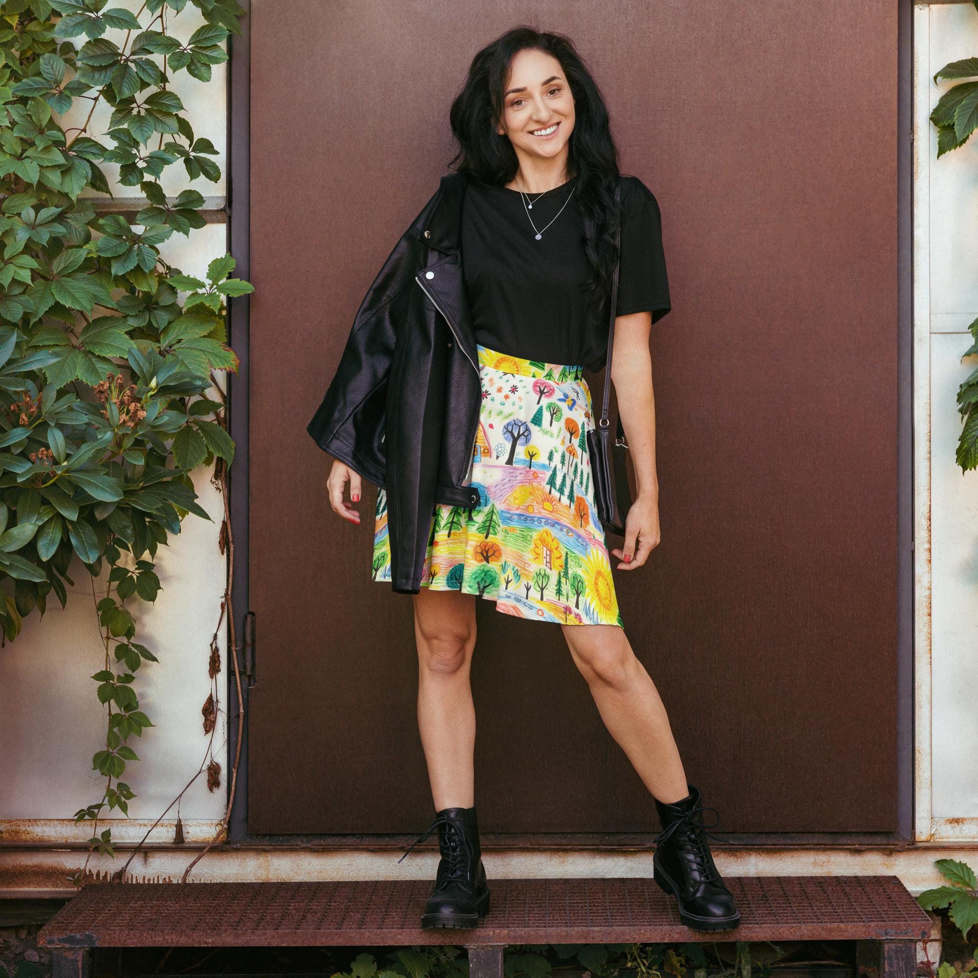 Crayonville Playful Country Charm Skater Skirt Ladies Women Teens - Funky School Skirt - Preschool Kindergarten Elementary School Teachers