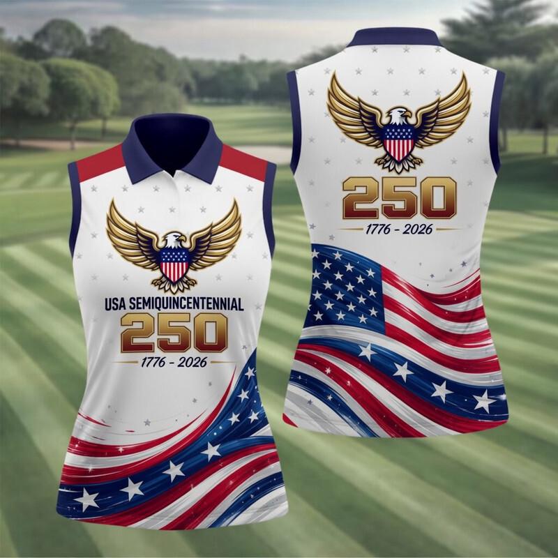 Women’s Sleeveless Polo Shirt, USA 250th Anniversary, American Flag