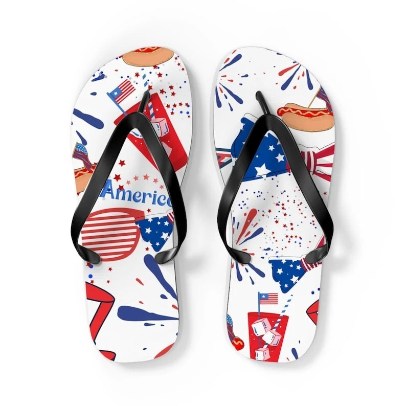 4th of July Foodie Flip Flops, Cute BBQ, Soda & Fireworks Summer Sandals