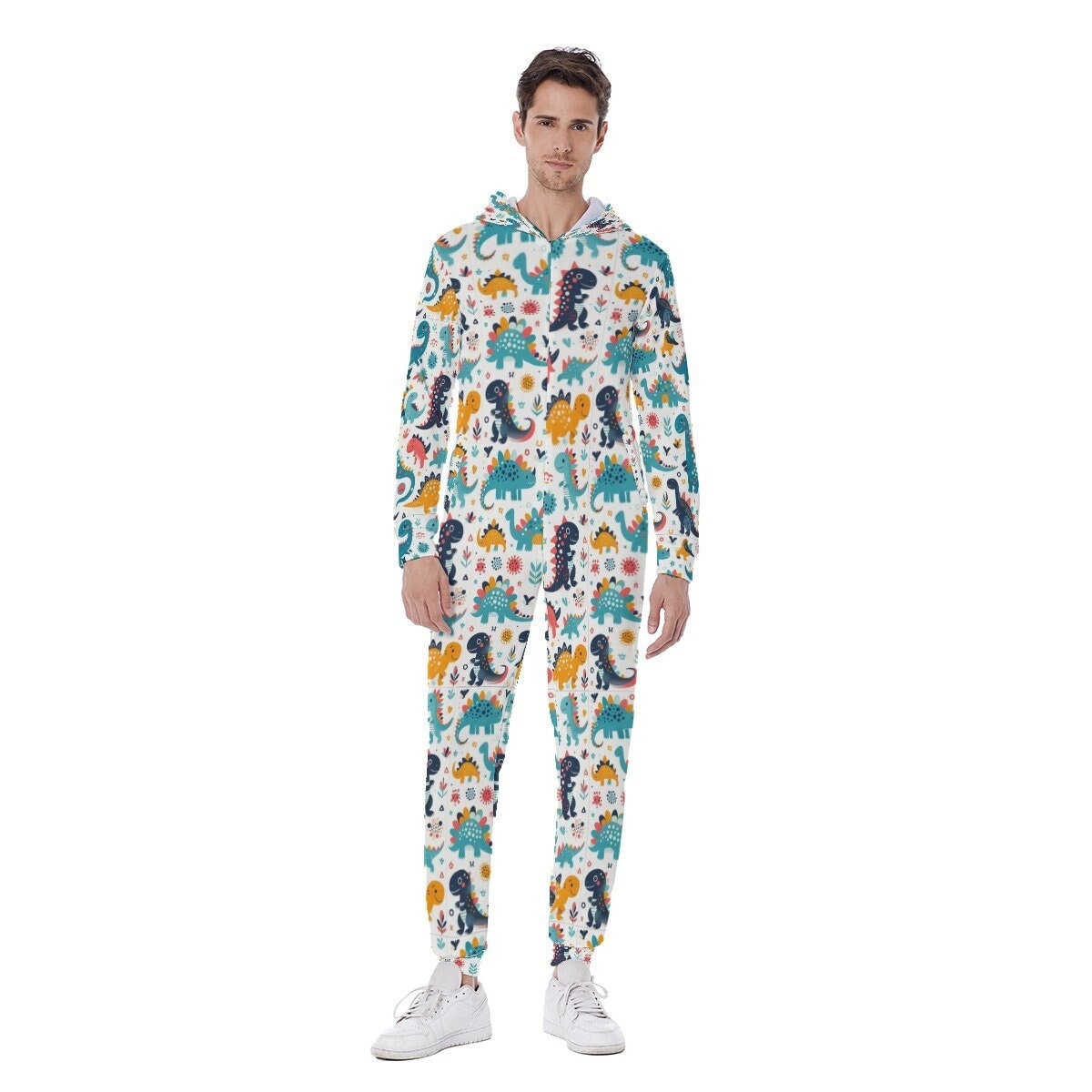 Dinosaur Men's Hooded Jumpsuit, Pajamas Winter Warm