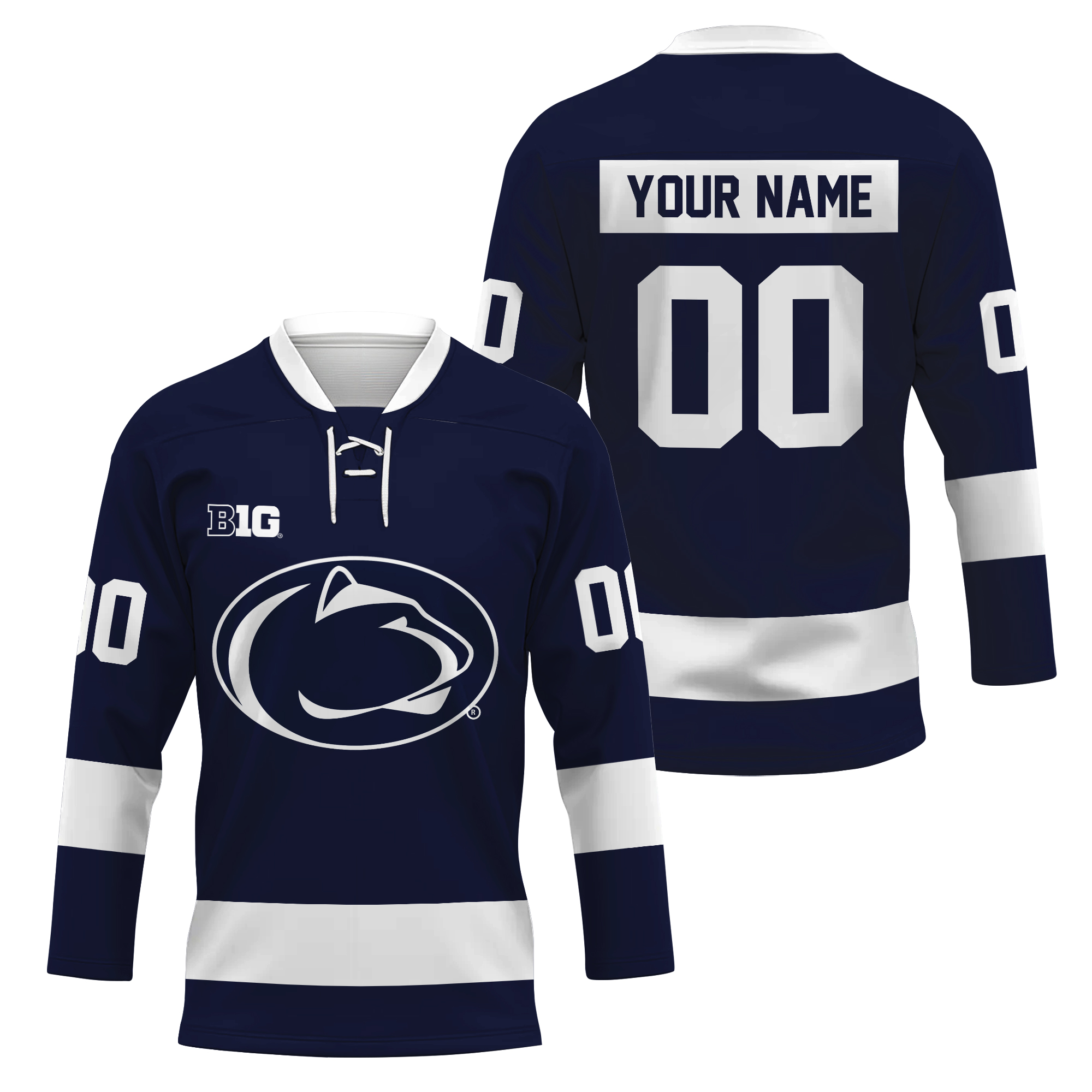 Personalized Penn State Nittany Lions Lace Hockey Shirt Navy Men's Fan Gear Gift