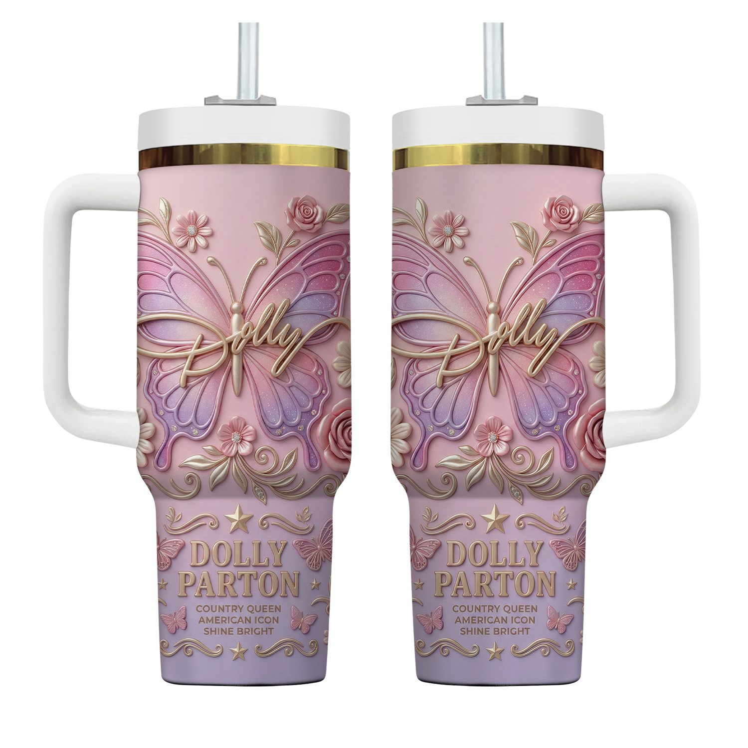 Dolly Parton 40oz Tumbler With Handle Country Music Queen Insulated Cup Butterfly Art Gift Jolene Singer Travel Mug Pink Aesthetic Icon