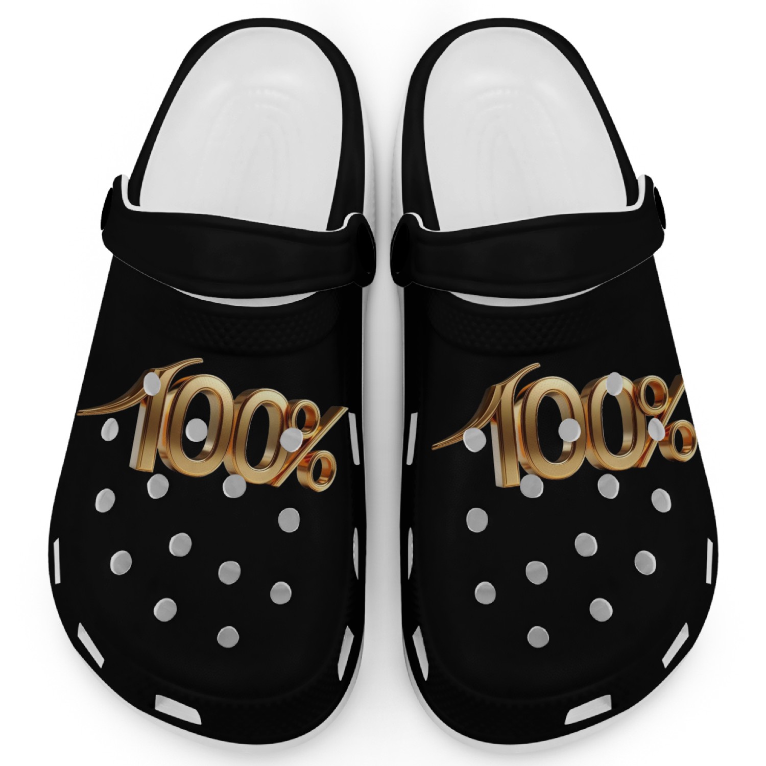 image shows a 3D rendering of the number 100% Clogs