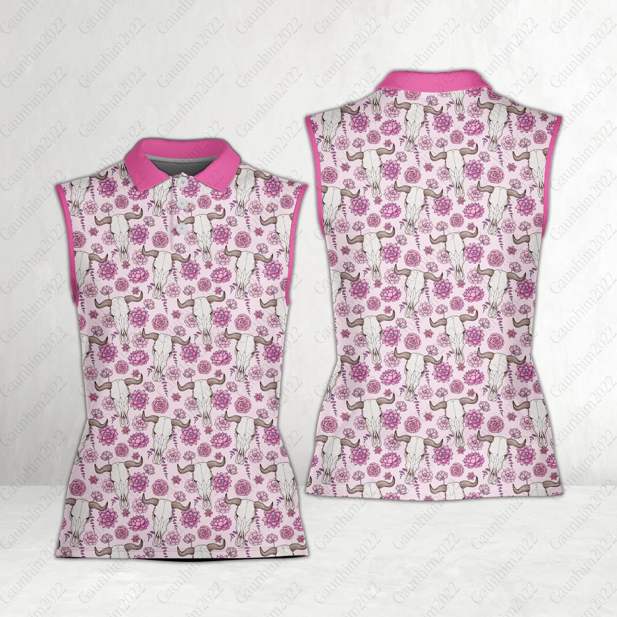 Western Golf Polo Shirt, Bull Skull And Roses Sleeveless Polo, Gift For Western Cowboy Cowgirl, Pink Women Polo Shirt For Golfer, Golf Lover