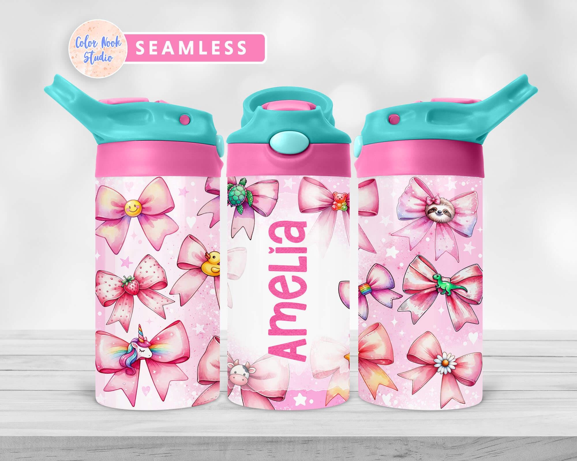 Kids 12 oz Flip Top Tumbler Wrap, Coquette Pink Bow Personalized Water Bottle Design