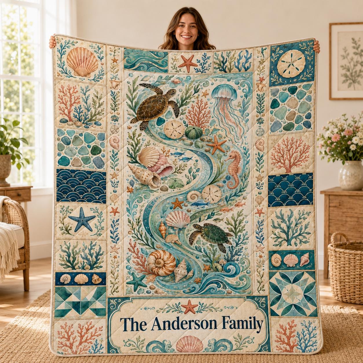 Personalized Ocean Quilt Blanket, Custom Sea Turtle Throw Quilt, Coastal Seashell Quilt, Beach House Family Quilt