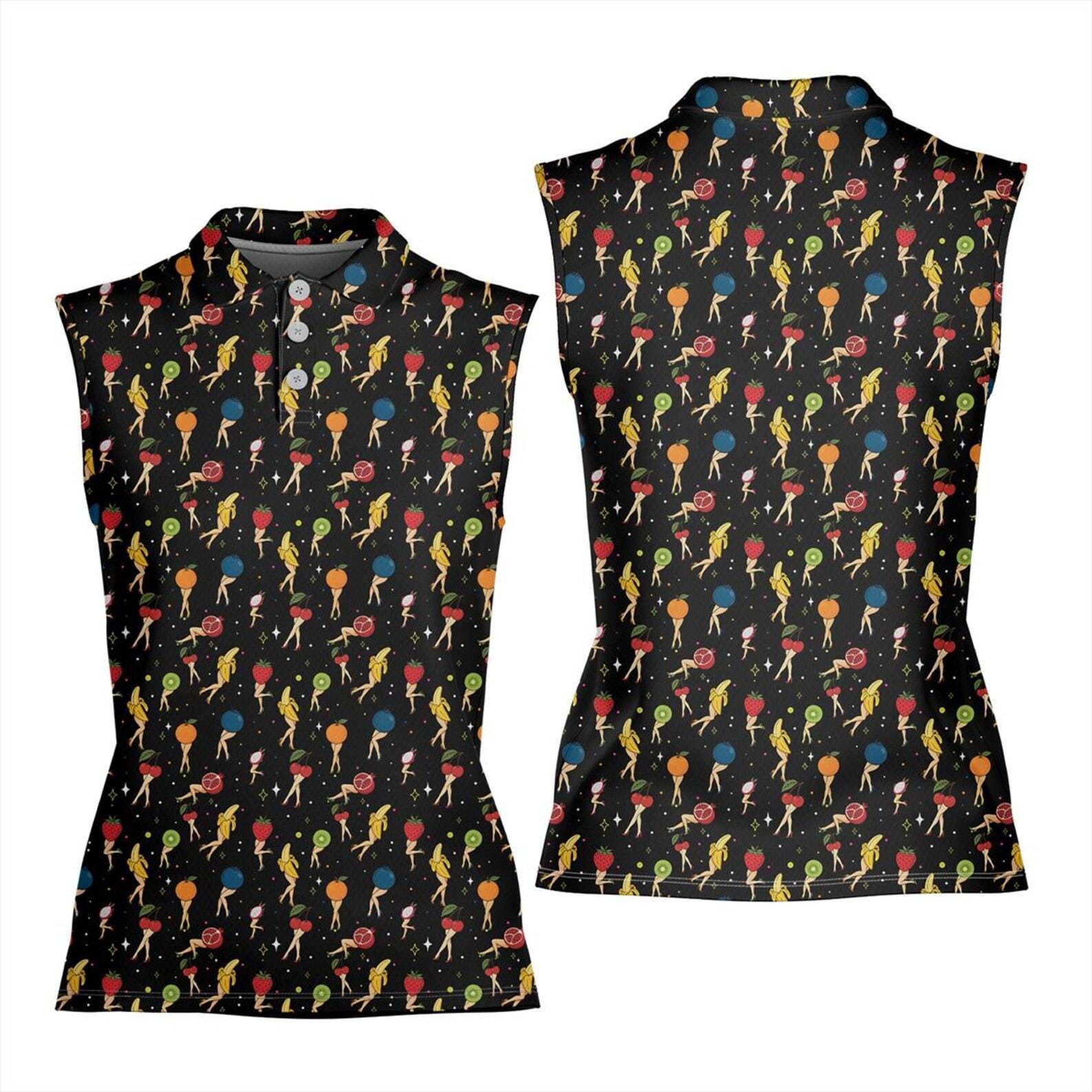 Women's Sleeveless Fruit Cocktail Polo Shirt, Tropical Fruit Pattern, Summer Golf Polo, Black Fruit Print