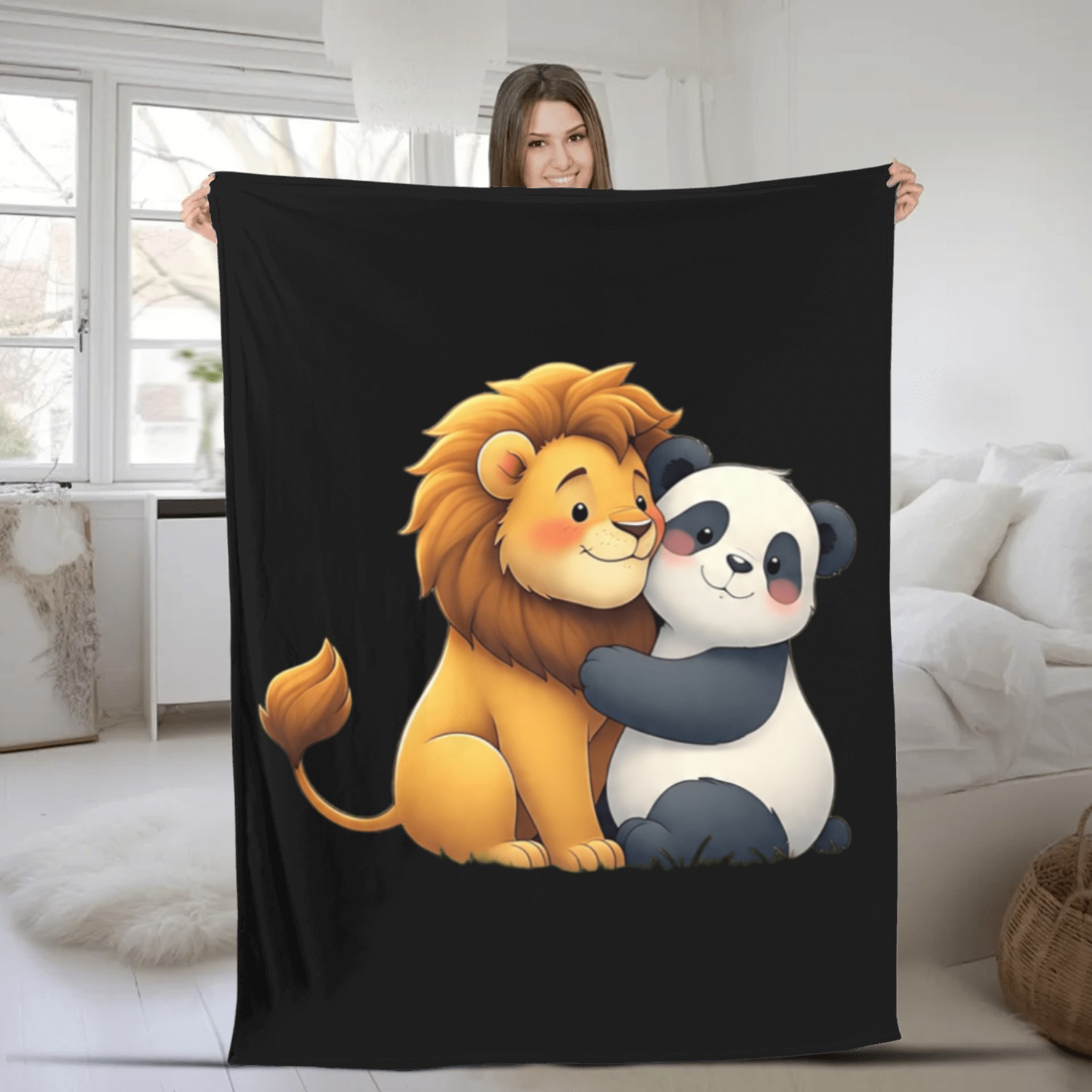 Lion and Panda Friendship Hug Fleece Blankets