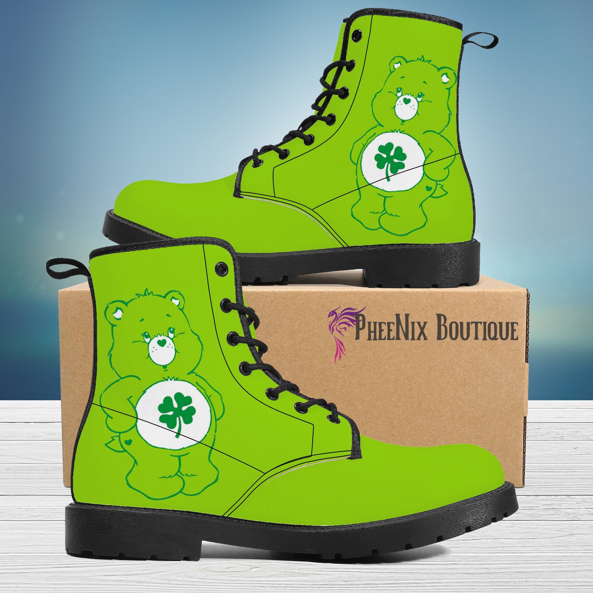 Good Luck Bear Inspired Canvas Boots | Biker Combat Boots, Geek Gift, Care Bear Stare, 80's cartoon