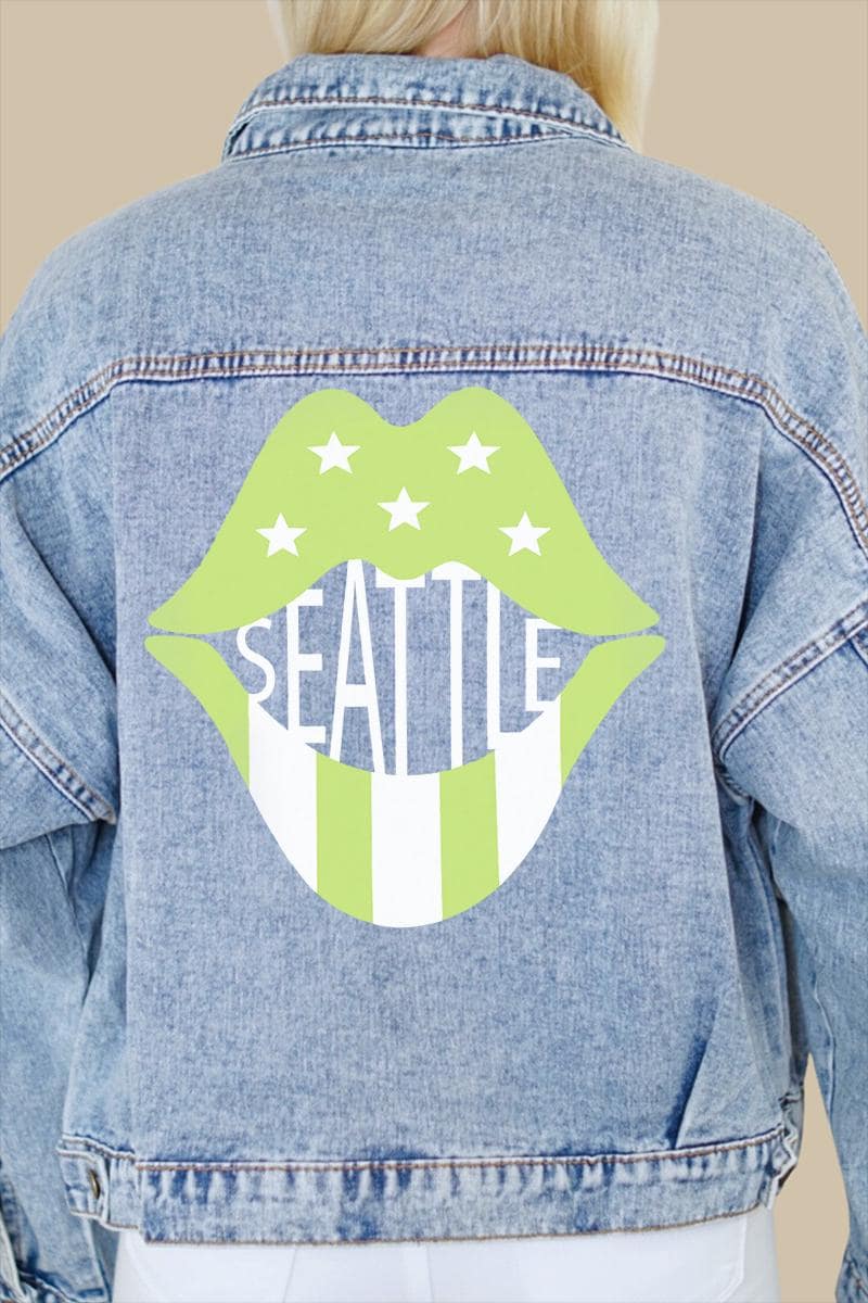 Seattle (Green) Lips Print Denim Jacket