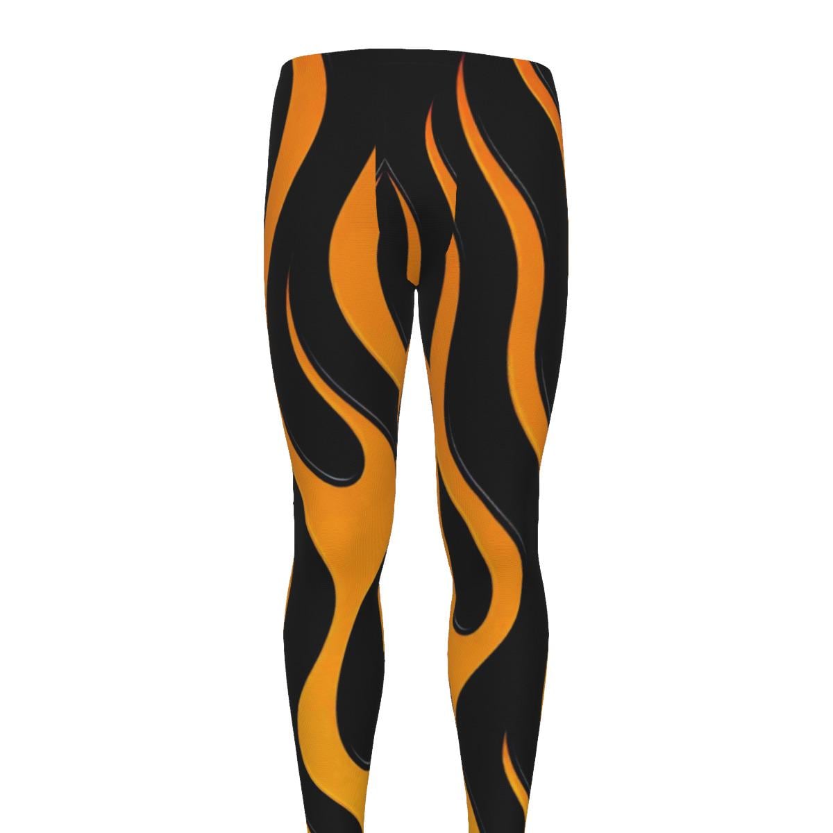 Orange Flame Mens Leggings Fire Workout Pants Cycling Athletic Fitness Running Exercise, Steampunk Wrestling