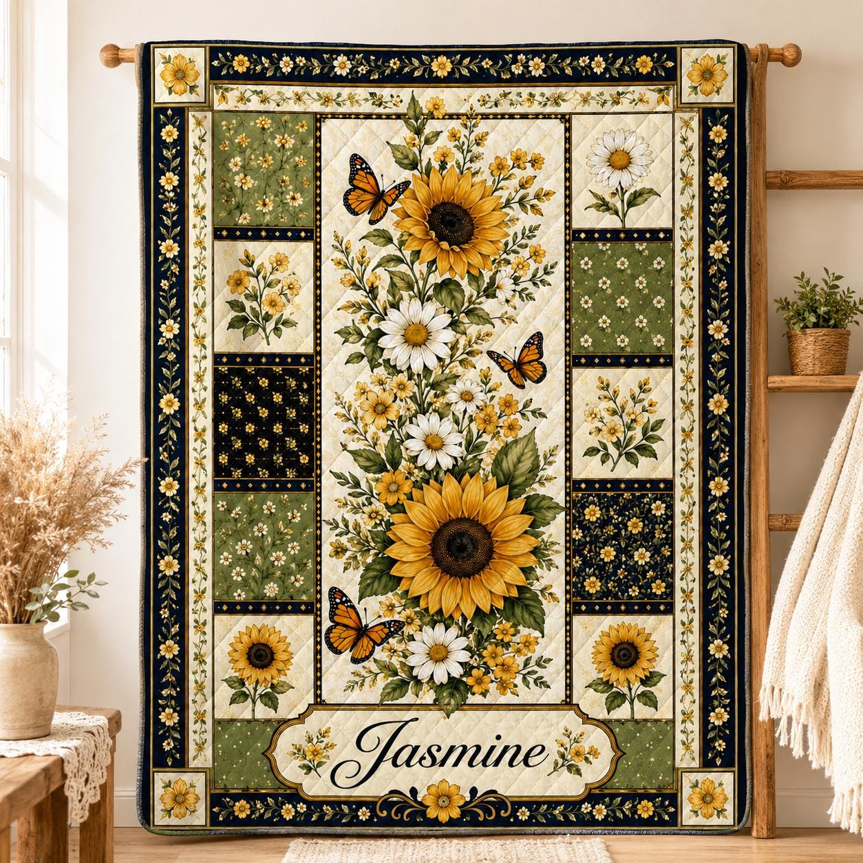 Personalized Sunflower Quilt Blanket, Custom Floral Bedding, Daisy and Butterfly Themed Quilt