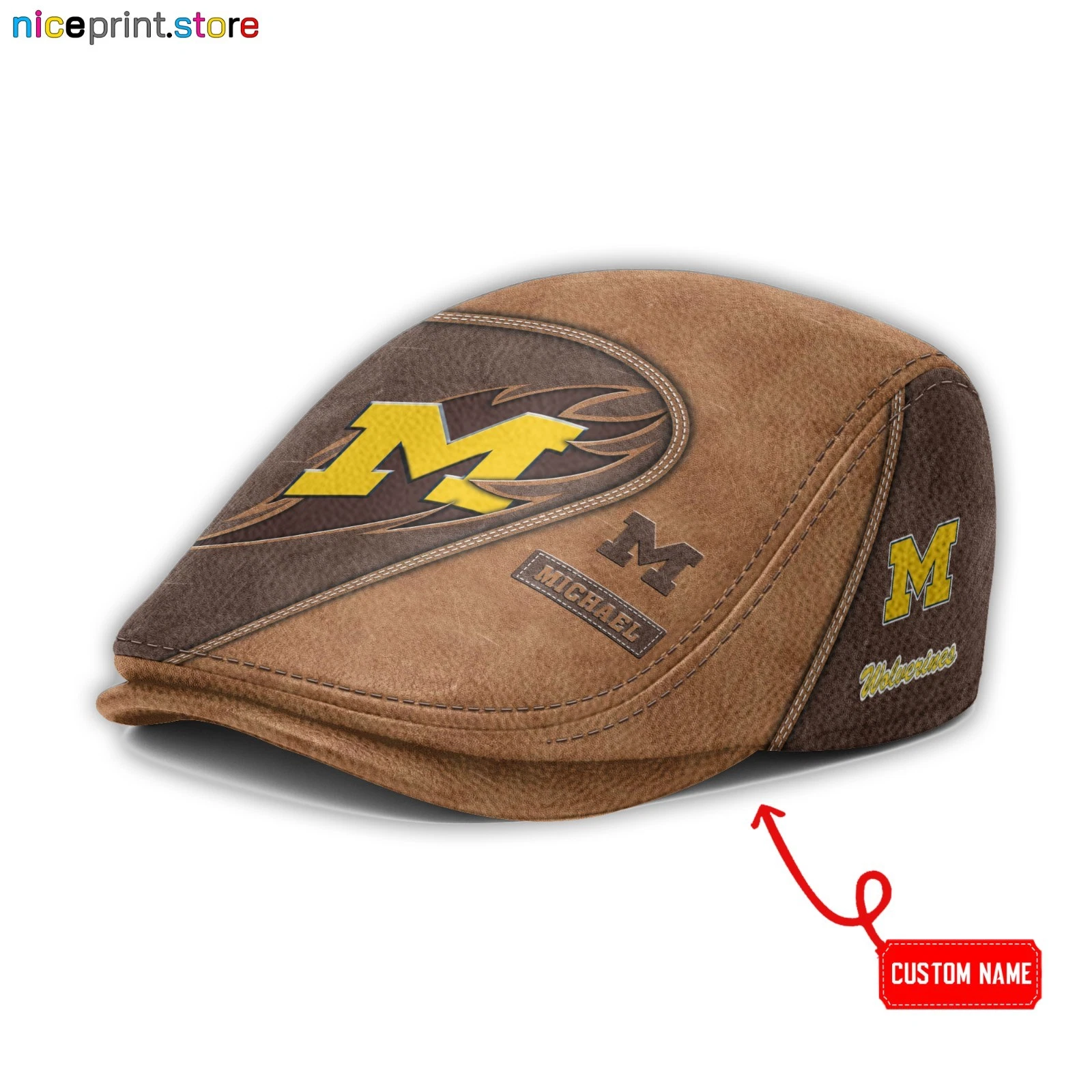 Leather Cap Michigan Team Wolverines Jeff Cap NCAA Driver Cap NCAA Flat Cap