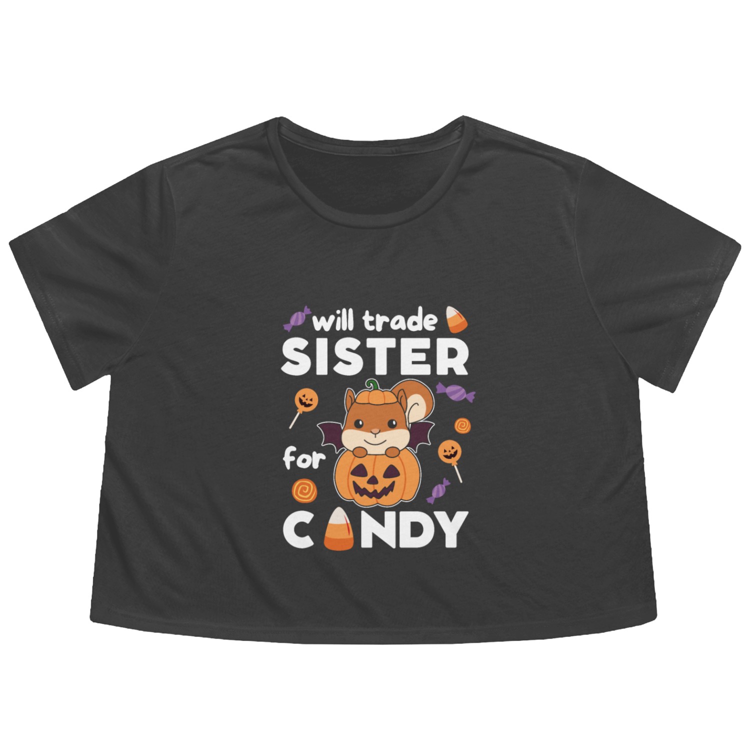 Squirrel Halloween Trade Sister For Candy Flowy Cropped Tees