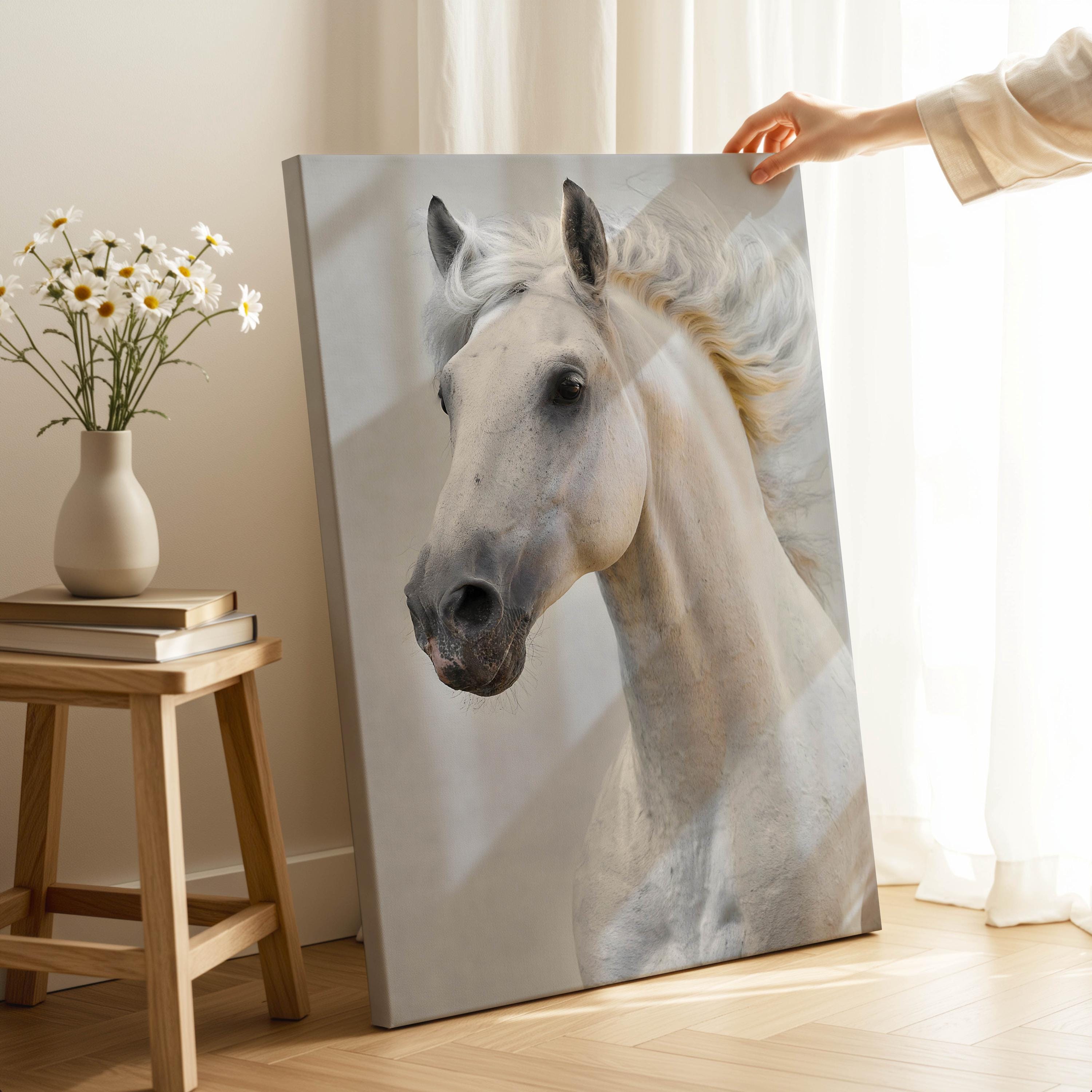 White Horse Portrait Canvas Print, Minimalist Equine Wall Art