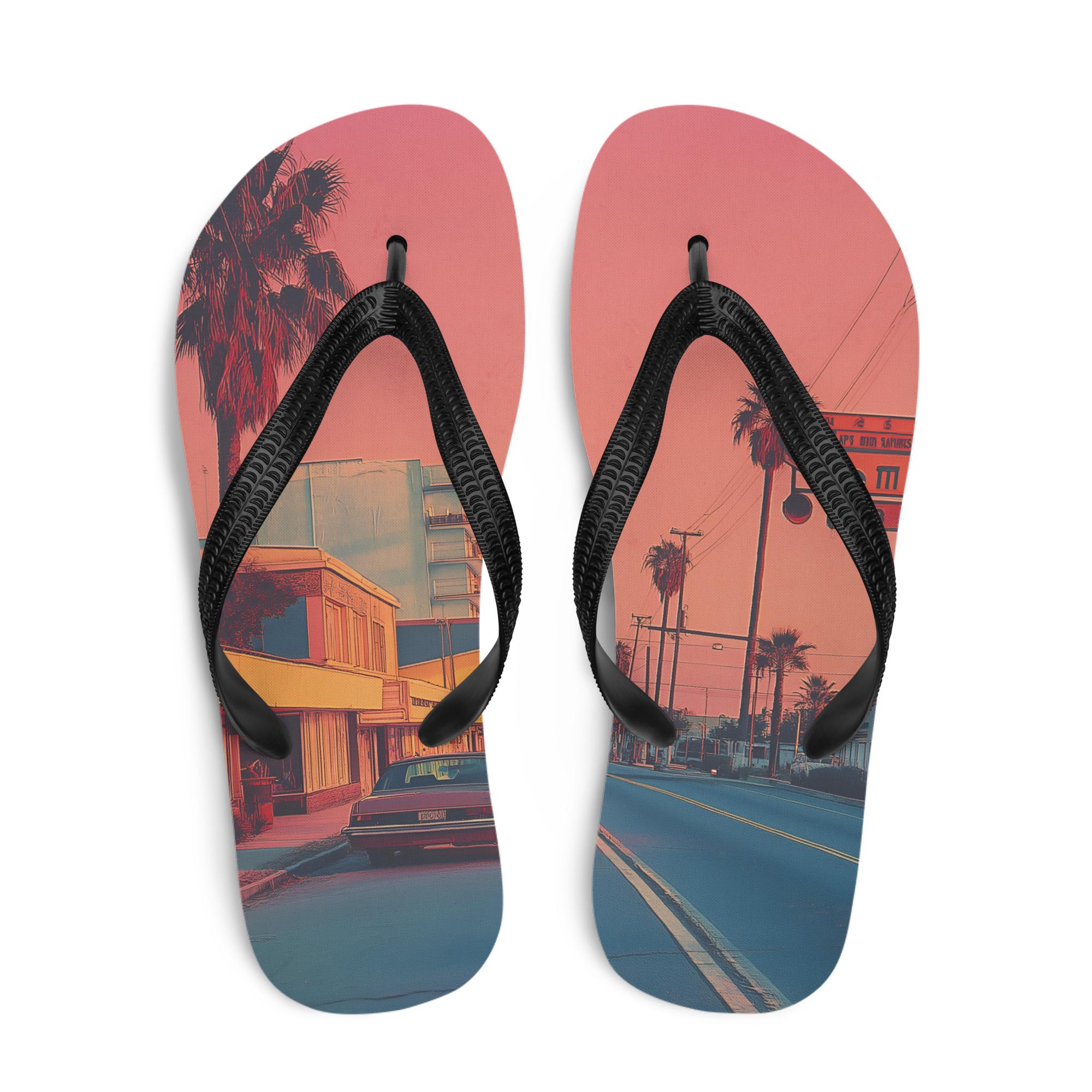 Retro Sunset Flip-Flops 80s Aesthetic Palm Trees, Vintage Neon Beach Sandals, Vaporwave Summer Shoes