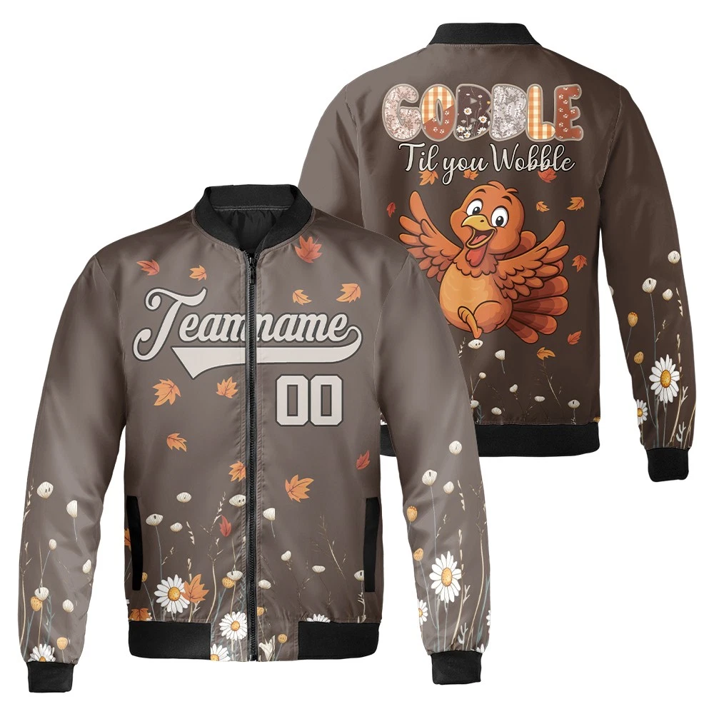 Personalized Turkey Gobble Gobble Til You Wobble Thanksgiving Bomber Jacket