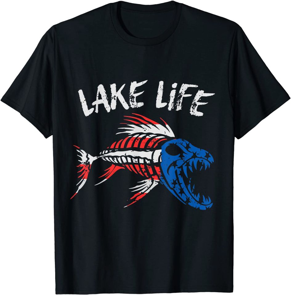 Patriotic Lake Life Skeleton Fish 4th of July T-Shirt