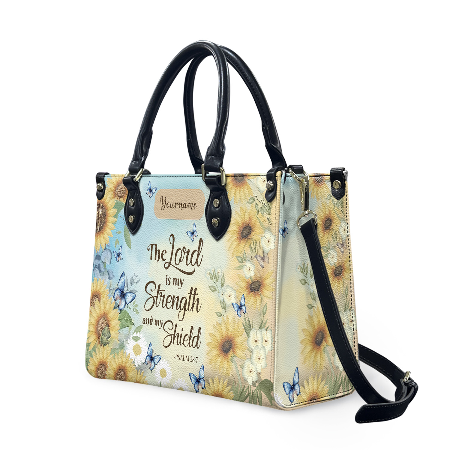Personalized Christian Leather Handbag, PU Leather Bible Verse Tote, Sunflower Faith Bag, Psalm 28:7 Gift