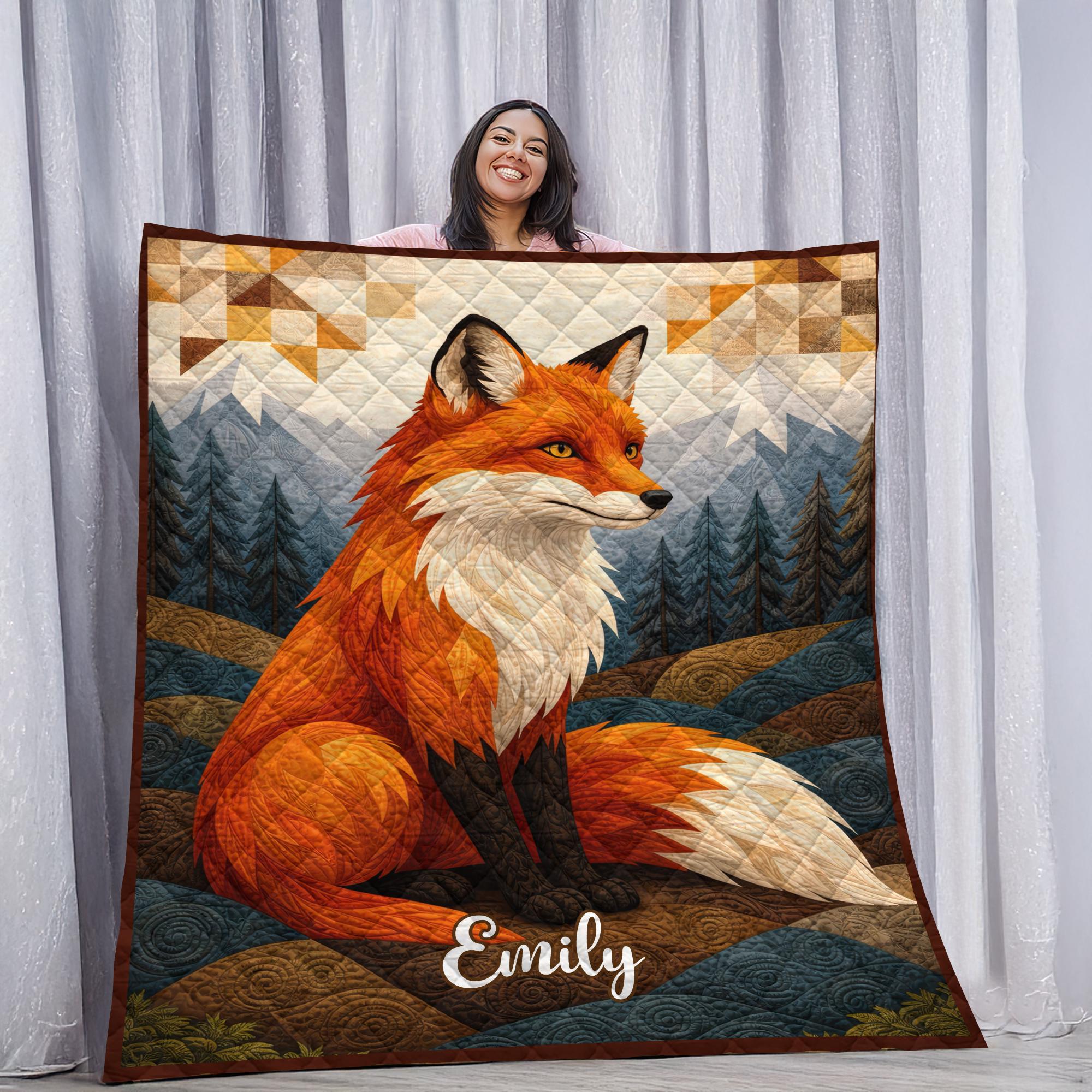Personalized Fox Quilt Blanket with Custom Name, Woodland Animal Throw for Home and Living