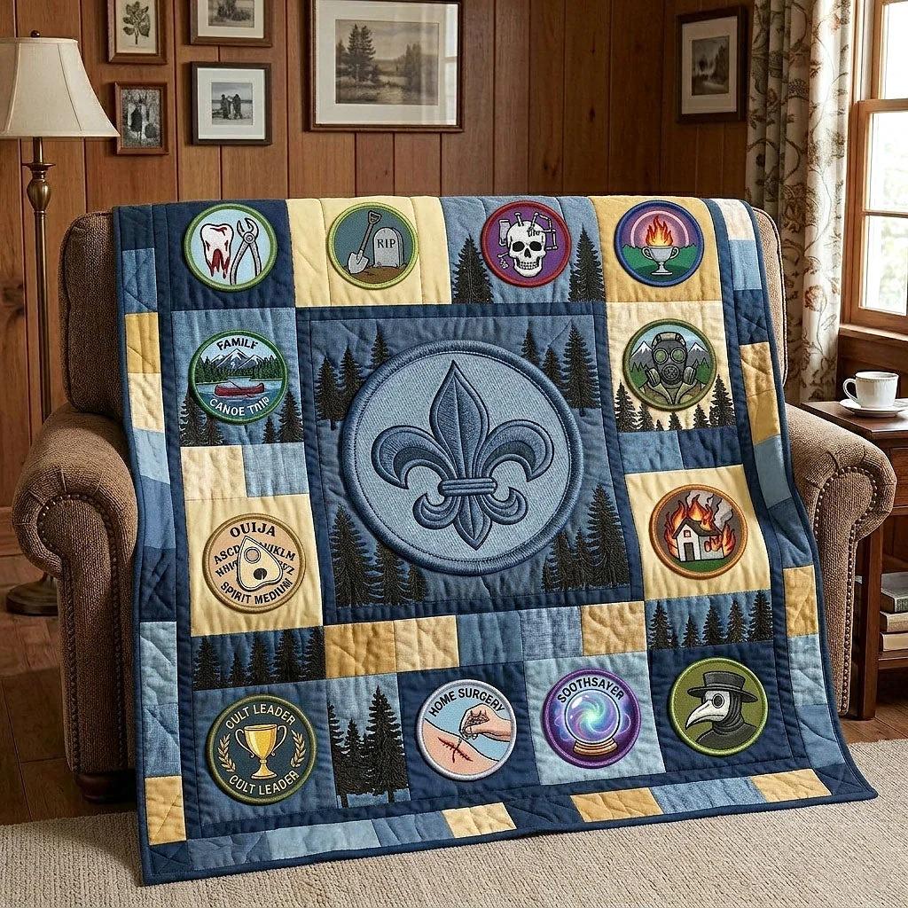 Funny Scout Badge Quilt Blanket for Outdoor Enthusiasts, Dark Humor Camping, Fleur de Lis Scout Parody Gift