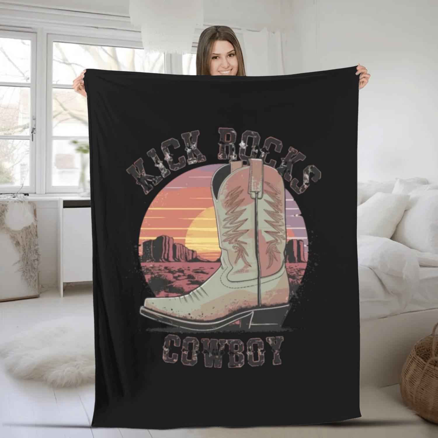 Kick Rocks Cowboy Western Sunset for a Western Fleece Blankets