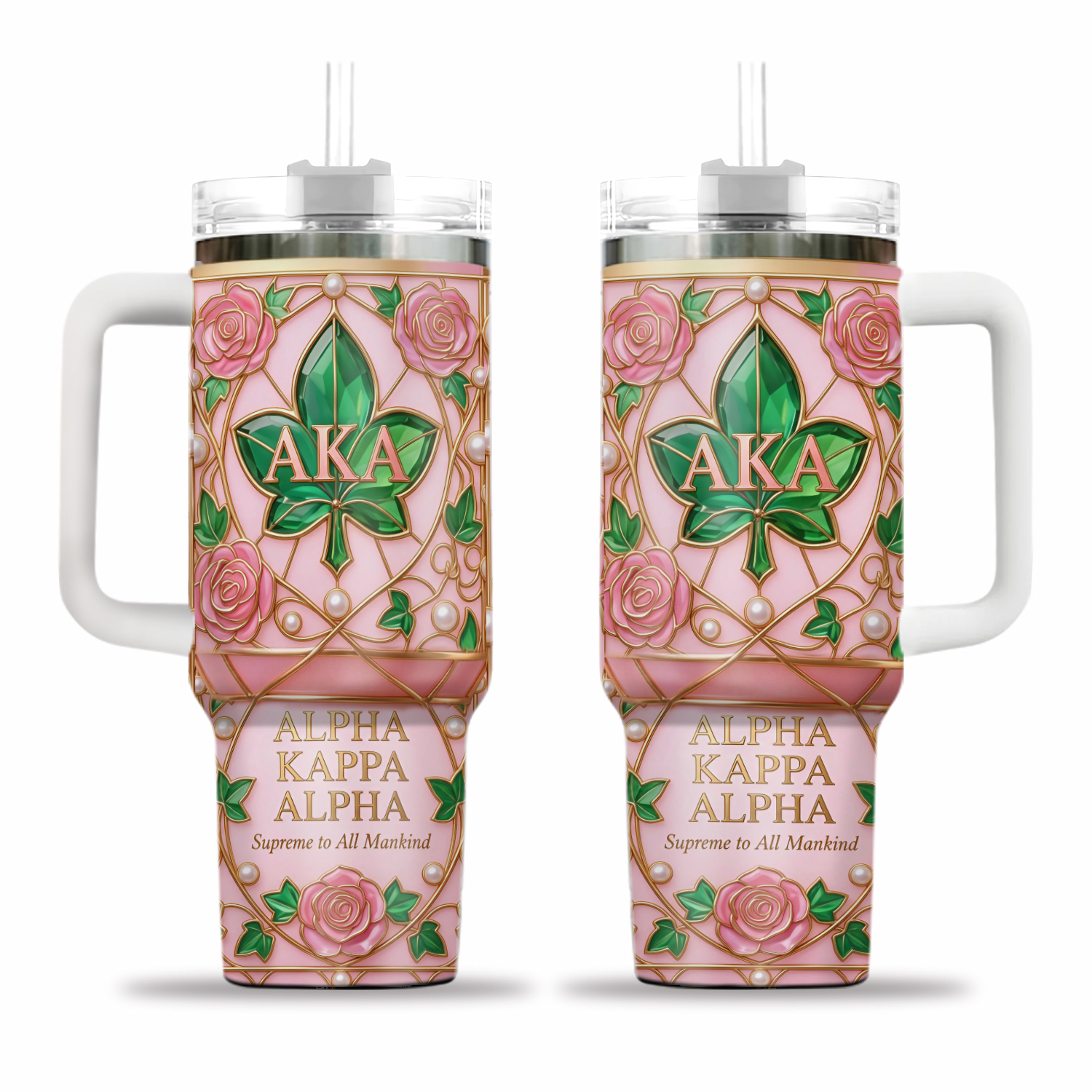 Alpha Kappa Alpha Tumbler with Handle, AKA Sorority Luxury Mug, Pink & Green Stainless Steel Insulated Cup, Alpha Kappa Alpha Gift