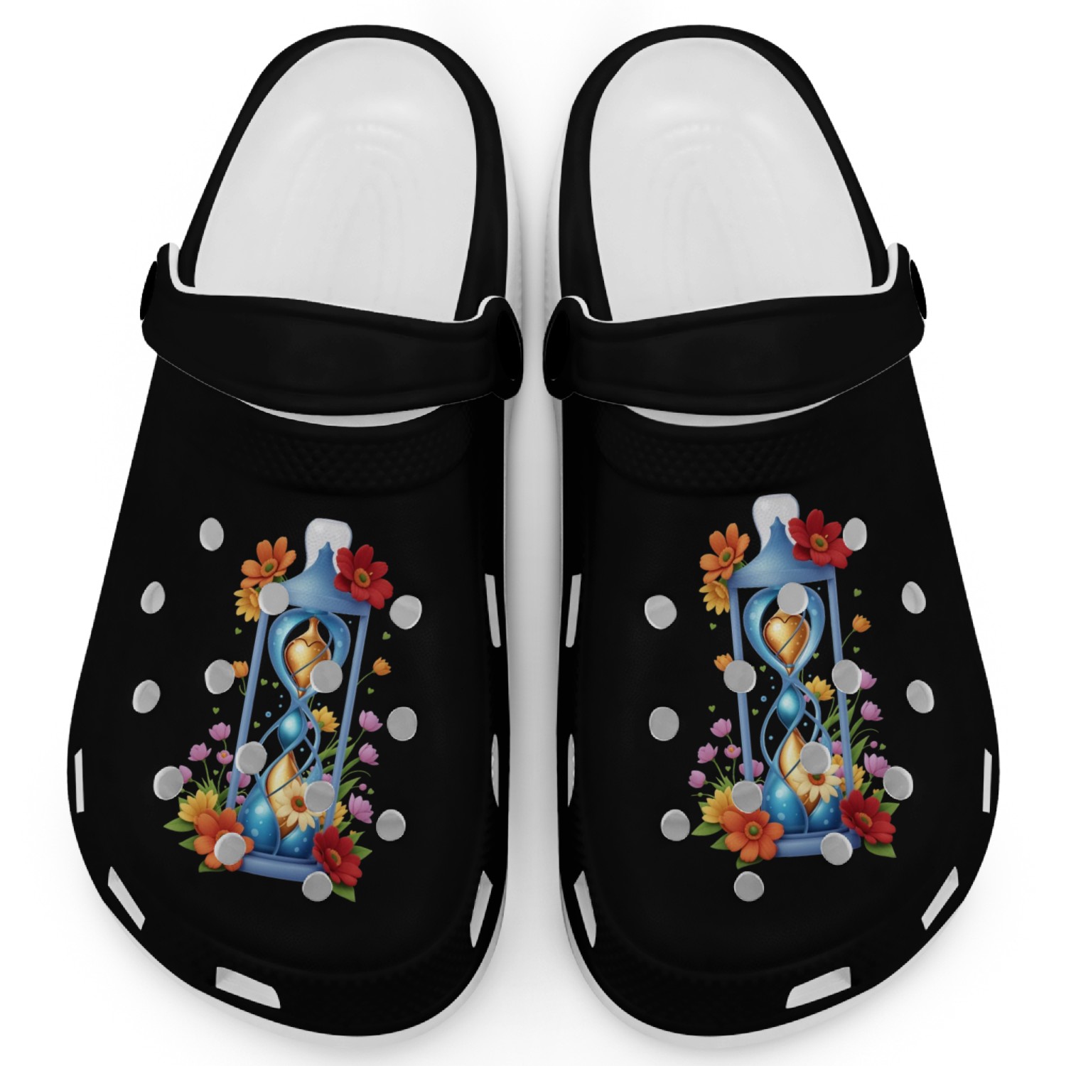 Hourglass filled with vibrant flowers Clogs