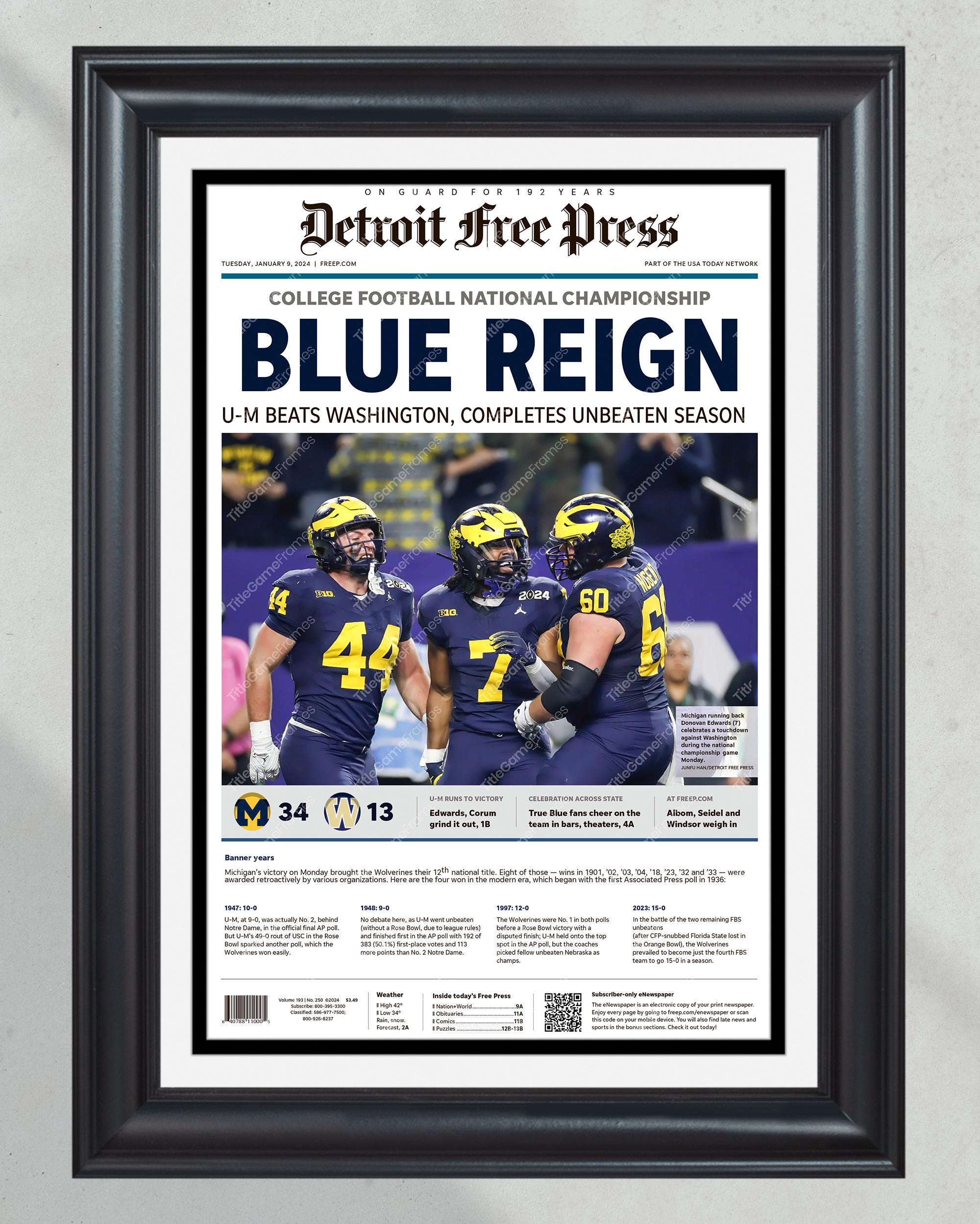 2024 Michigan Wolverines CFP National Championship: 'Blue Reign' Victory Over Washington (NO Framed) Poster