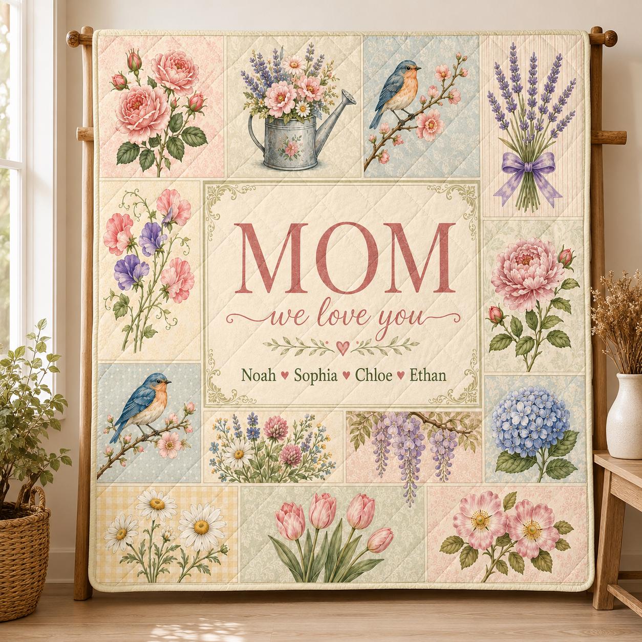 Personalized Mom Quilt Blanket, Custom Kids Names Floral Quilt, Mother's Day Gift