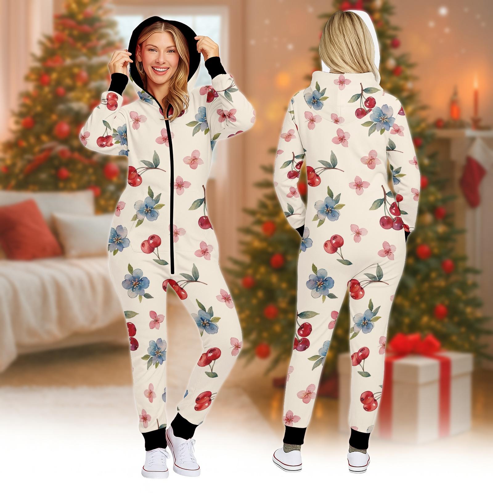 Cherry Floral Family Onesie Pajamas, Matching Jumpsuit Set For Men Women Kids, Cozy Hooded Sleepwear, Christmas Gift For Family