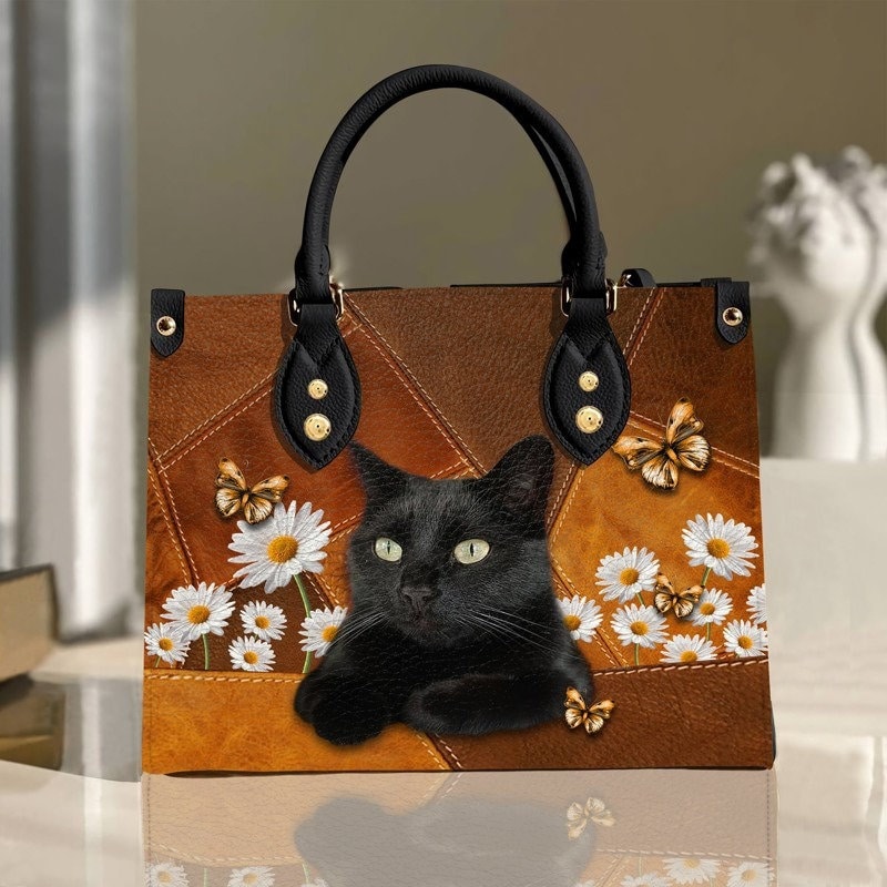 Cat Leather Handbag, Black Cat bag,Personalized Gift for Cat Lovers, Cat Mom, Cat Leather Bag
