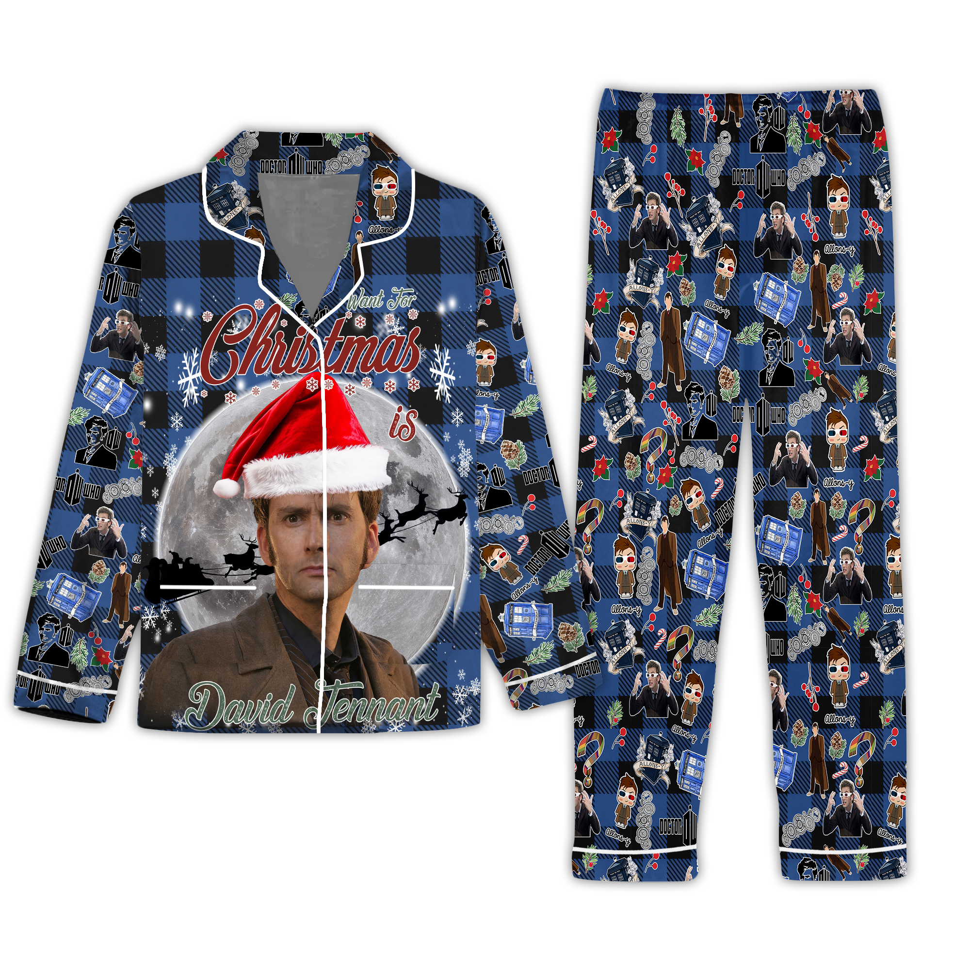 Doctor Who Xmas Pajamas, David Tennant Santa Xmas Pajamas, Dr Who Tardis Box Pajamas, Dr Who Tv Show Holiday Pajama, David Tennant Gift