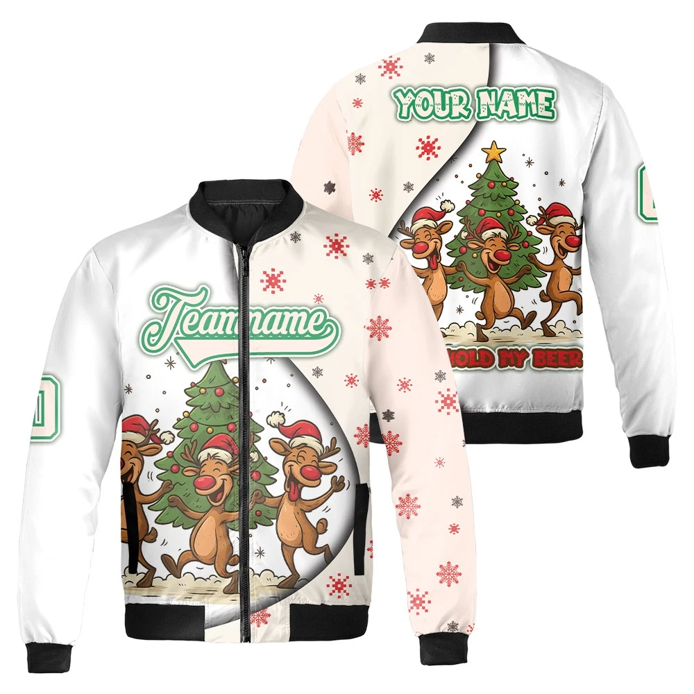 Personalized Christmas Reindeer Ho Ho Hold My Beer Funny Xmas Bomber Jacket