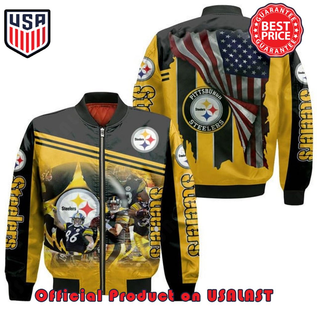 PITTSBURGH Steeler GREAT PLAYERS PATTERN BOMBER JACKET LOGO DESIGN YELLOW AND BLACK