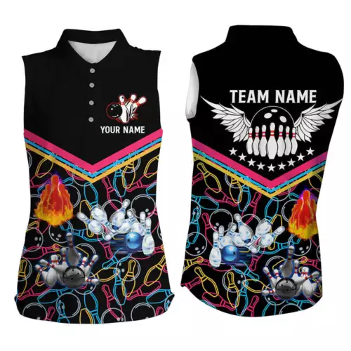 Multicolor Pattern Black Bowling Sleeveless Polo Shirts For Women, Custom Team Bowling shirt