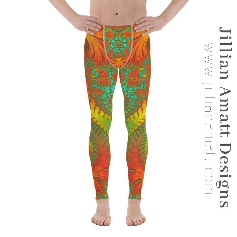 Orange Yellow and Teal Men's Leggings Geometric Design Trippy Men's Yoga Tights Soft