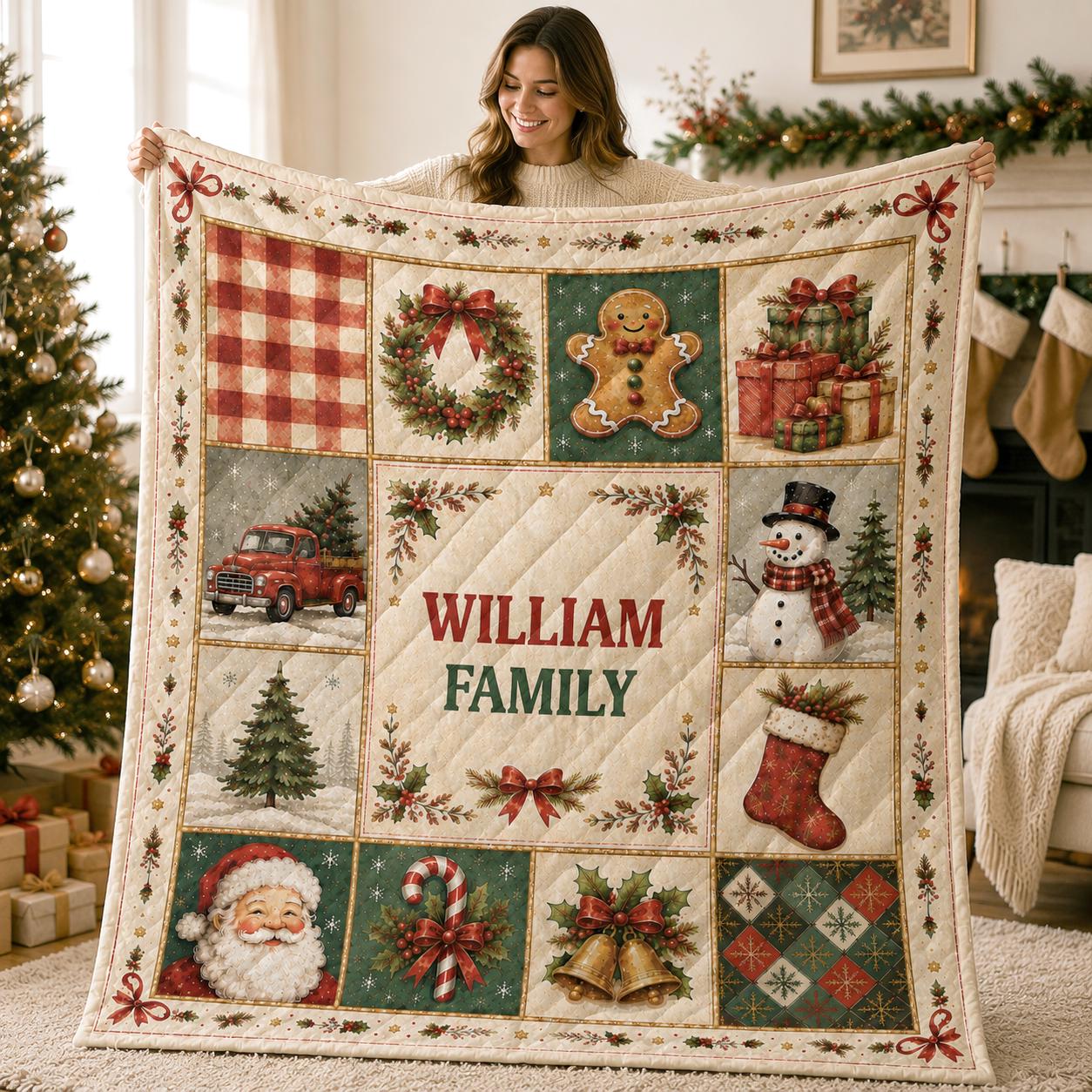 Personalized Christmas Quilted Blanket, Custom Family Name Quilt, Vintage Christmas Holiday Blanket, Xmas Home Decor