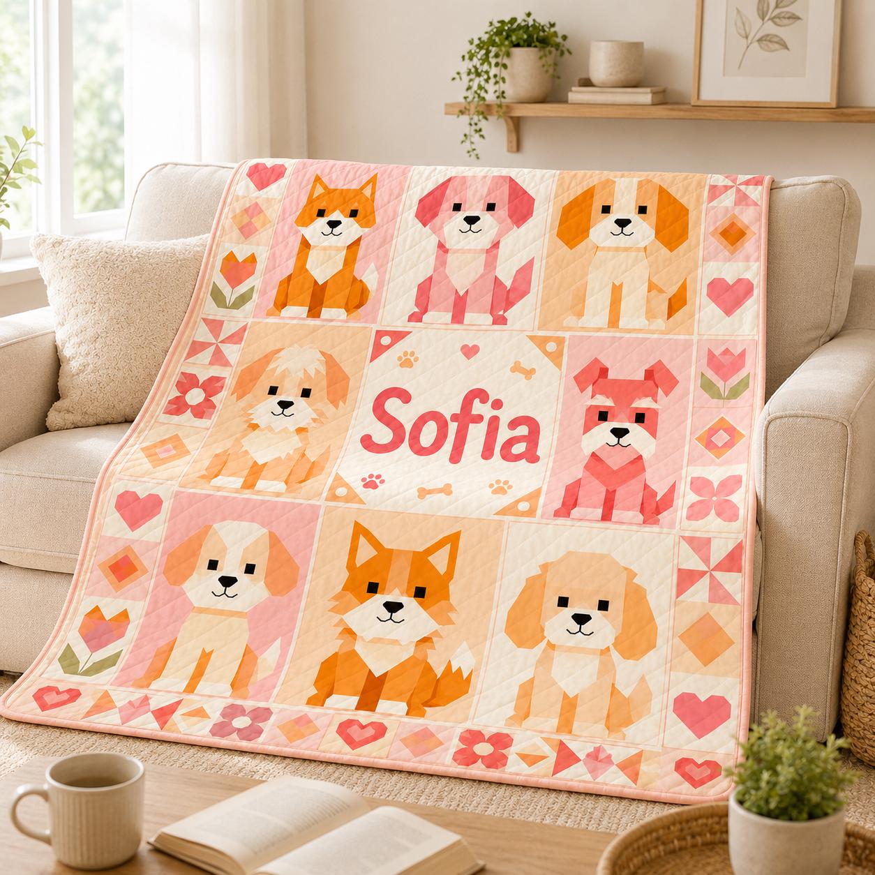 Personalized Dog Quilt Blanket, Custom Name Geometric Puppy Throw, Pink Orange Pet Blanket, Pastel Nursery Quilt, Dog Lover Gift