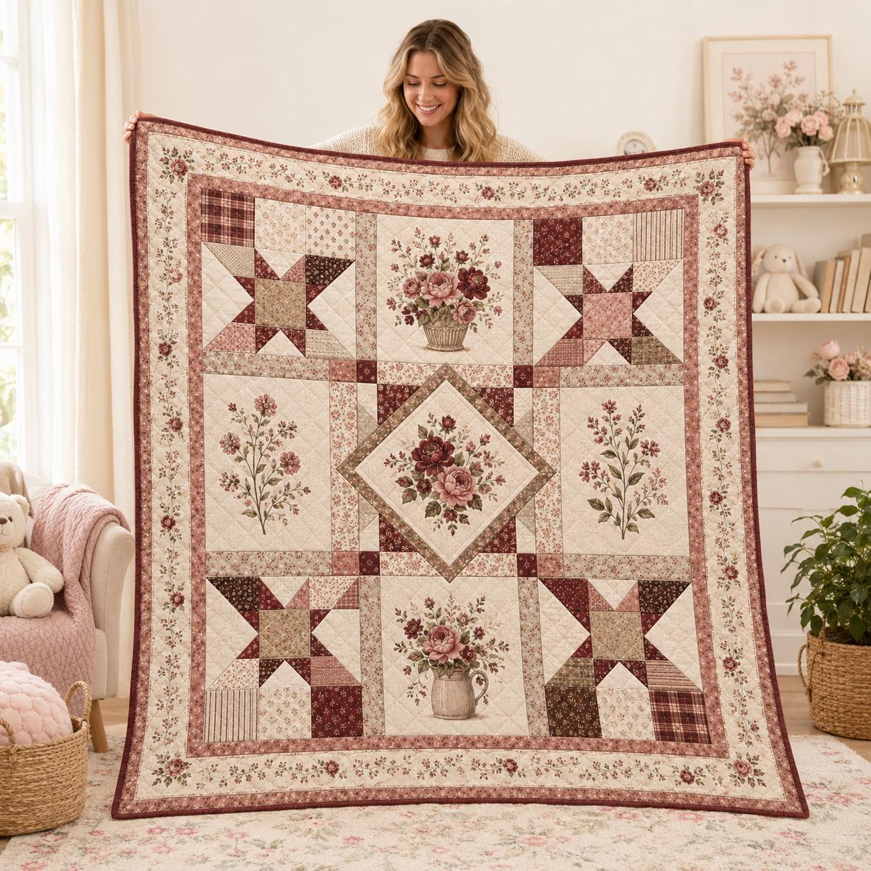 Vintage Burgundy Floral Patchwork Quilt Blanket for Home & Living